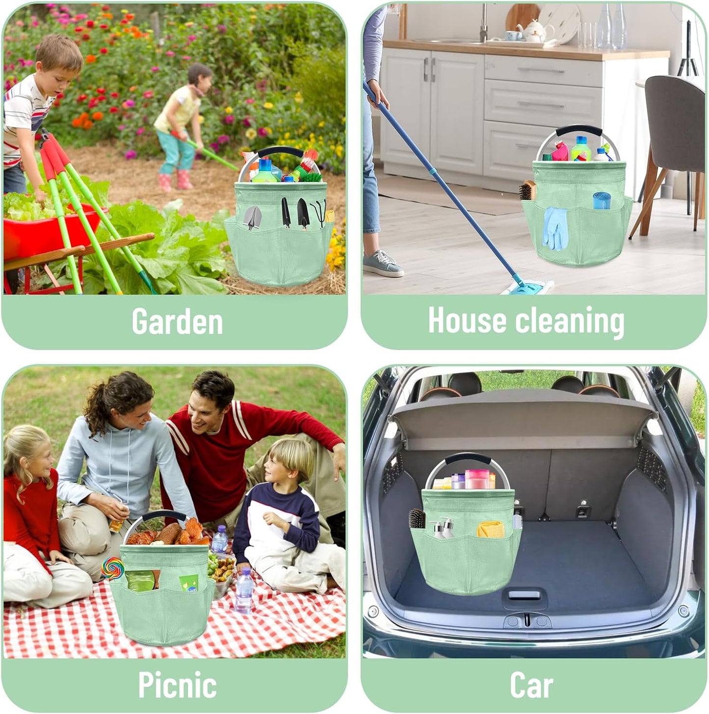 Qivine 17L Cleaning Caddy with Handle, Cleaning Supply Caddy Foldable Tool Bag Cleaning Products Organizers Portable Cleaning Bucket Organiser for Storing Towels (Clear Green)