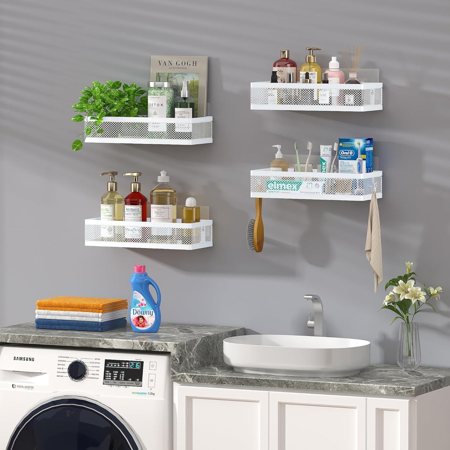 PUSDON Hanging Storage Baskets Organizer Wall Mount, Metal Wire Storage Bin Rack for Kitchen Bathroom Shower Spice Shelf Home Decor Essentials White-2 Packs (Netting)