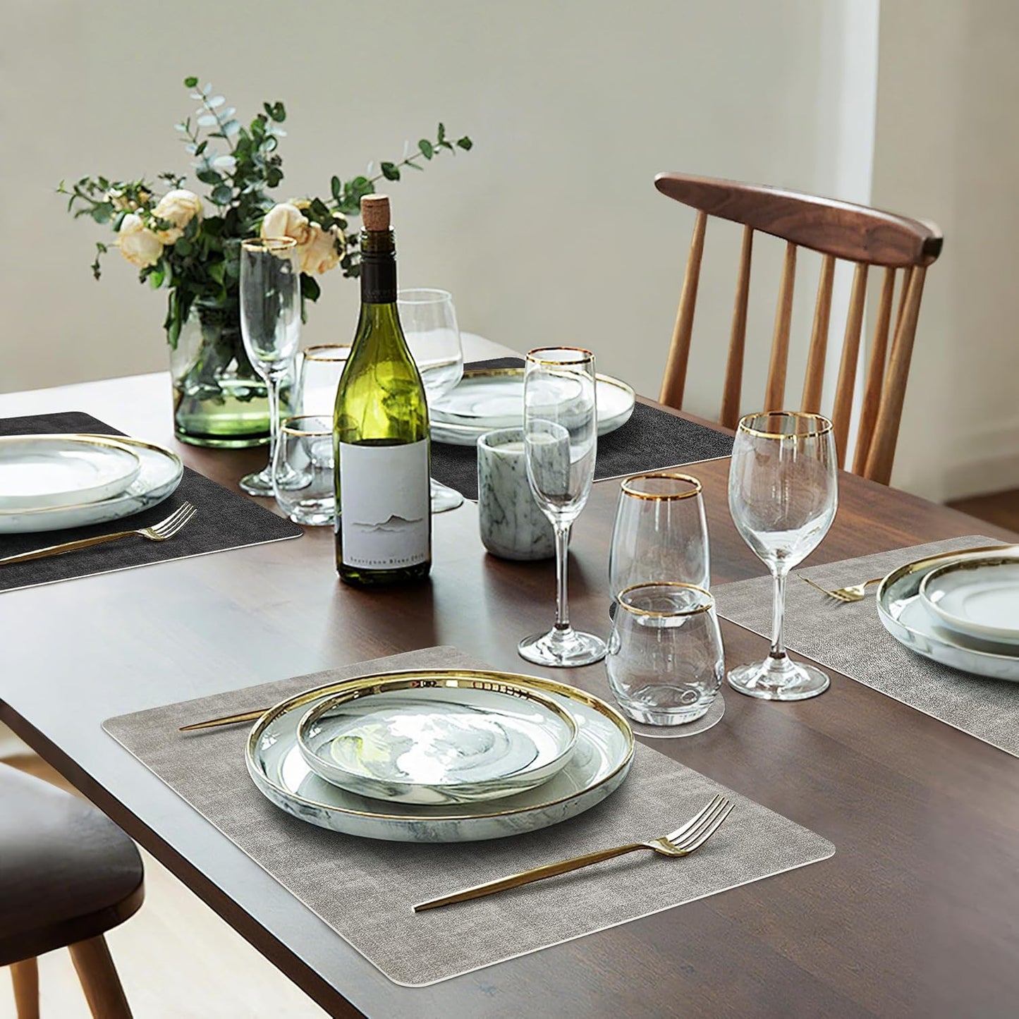 Faux Leather Dual Sided Placemats Set of 4, Square Non-Slip Heat Resistant Placemats with Coaster, Reversible wipeable Waterproof Table Mats for Kitchen, Dining, Outdoor (4, Black Light Gray)