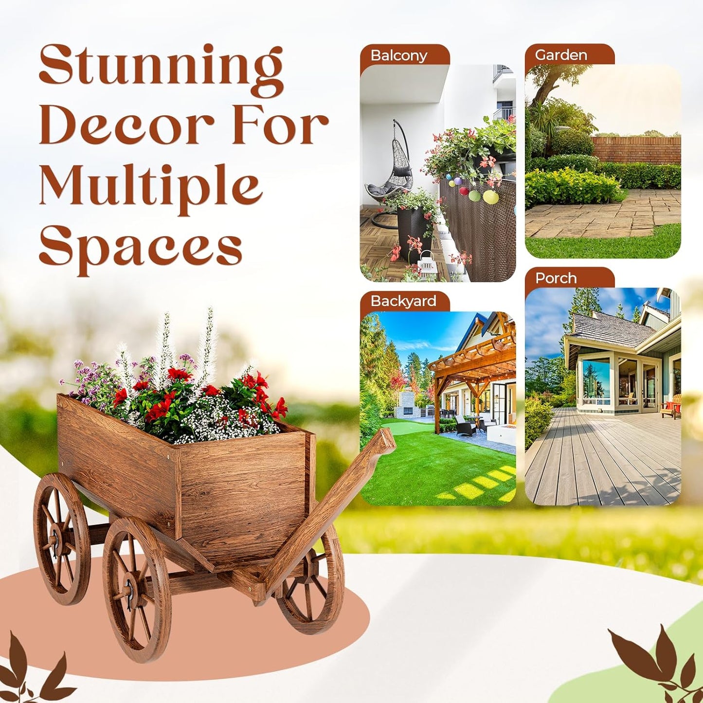 Wood Wagon Planter for Outdoor Balcony Decor - Garden Rustic Wooden Flower Cart with Wheels for Outside - Garden Decor - Amish Decorative Indoor - Wheelbarrow Planter for Patio