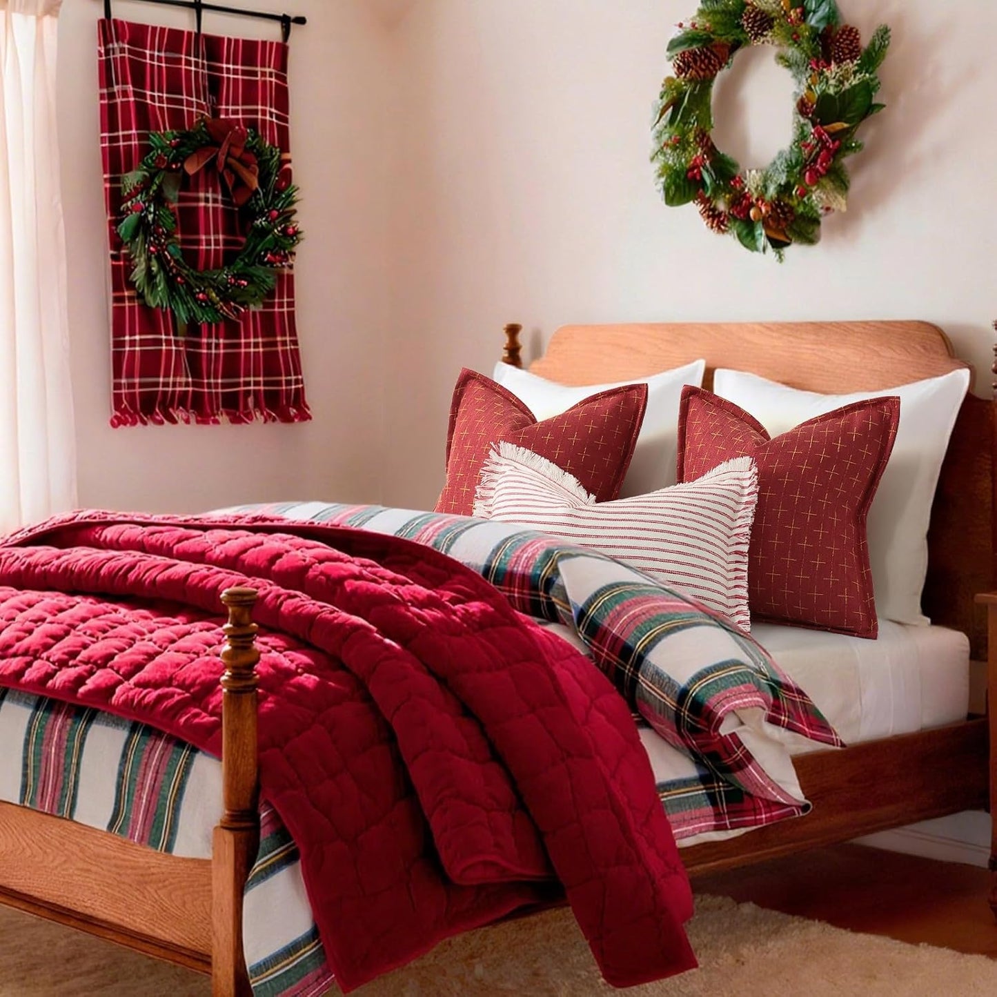 ZWJD Christmas Pillow Covers 16x16 Set of 2 Soft Polyester Textured Pillows with Stylish Flange Edge Cozy Farmhouse Christmas Decor for Couch Bed Sofa Living Room (Red)