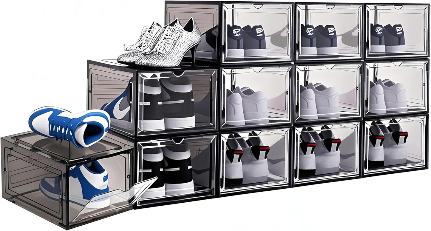 Upgraded Shoe Storage Organizer 6 Pack Clear Plastic Stackable Shoe Box with Magnetic Door Sneaker Hats Display Case Fit Up to US Size 13