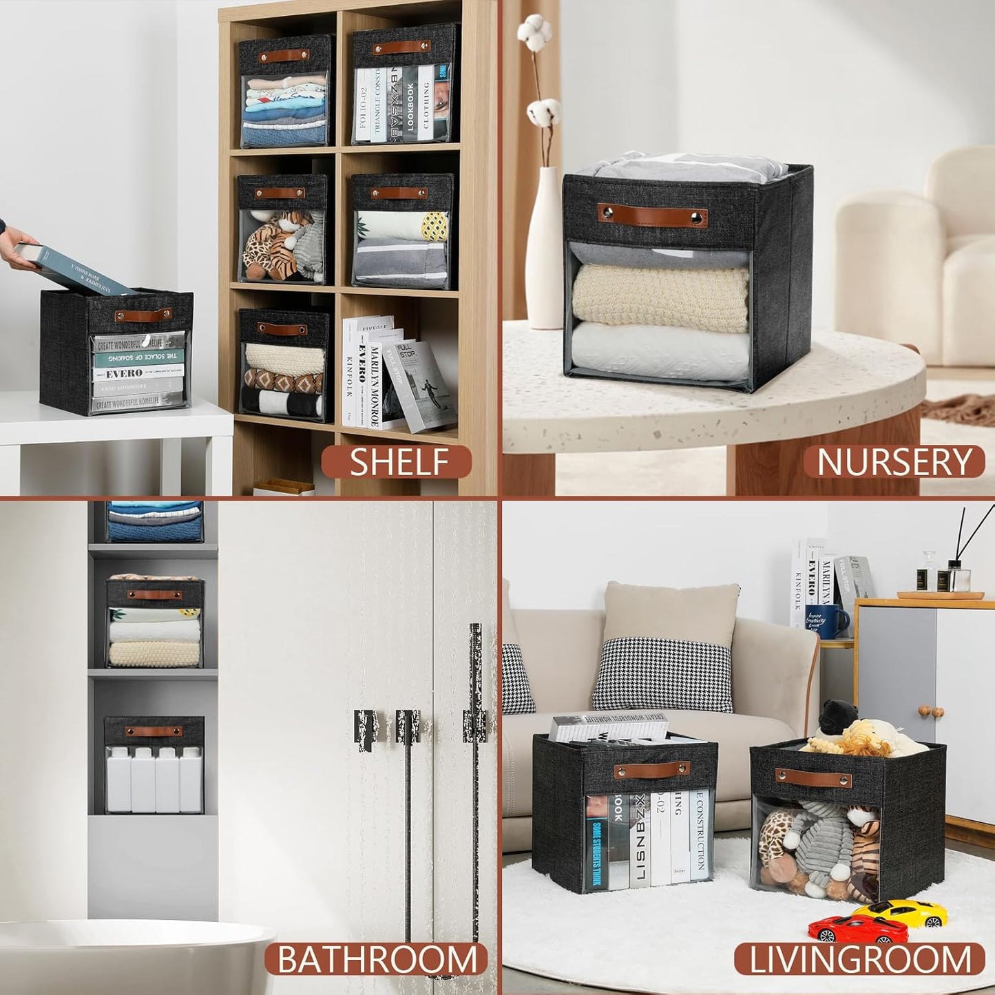 HNZIGE Fabric Cube Storage Bins 11 x 11, Collapsible Storage Cubes Bins for Storage Shelves,Foldable Cube Storage Bins for Storage, Cubby Closet Clear Bins for Storage Blanket(Prints Black 6PCS)