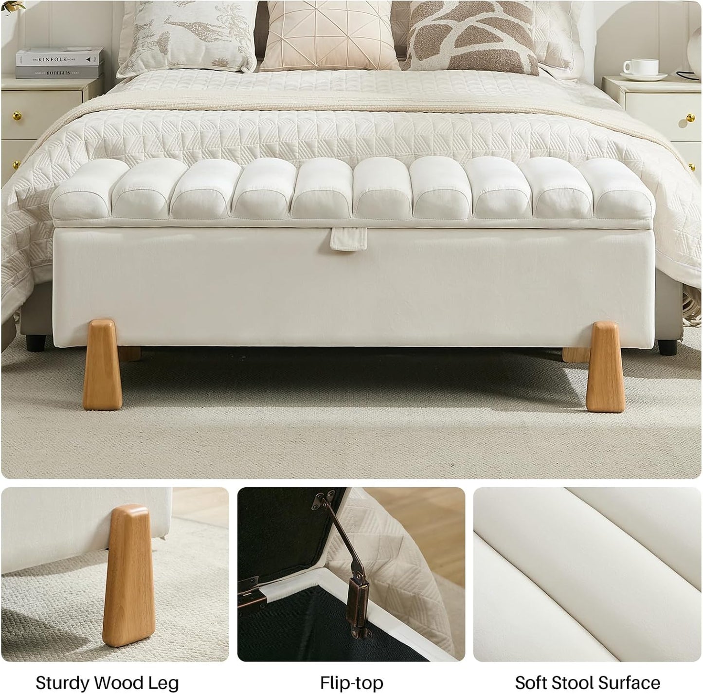 Storage Ottoman Bench for Bedroom Small Spaces 48.6 Inch with Hinged Lid Solid Wood Tapered Legs Tufted Upholstered Fabric for Living Room & Bedroom, Beige