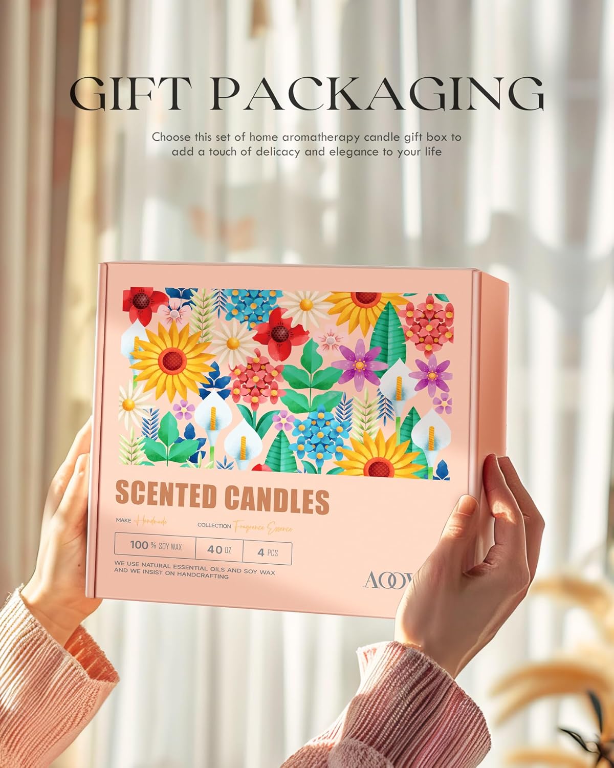 AOOVOO Rose/Vanilla/Eucalyptus/Lavender Scented Candles for Women - Aromatherapy Candle with Crystals Inside, 40oz Soy Candles for Home Scented, Birthday Gifts Mothers Day Candle for Women Mom