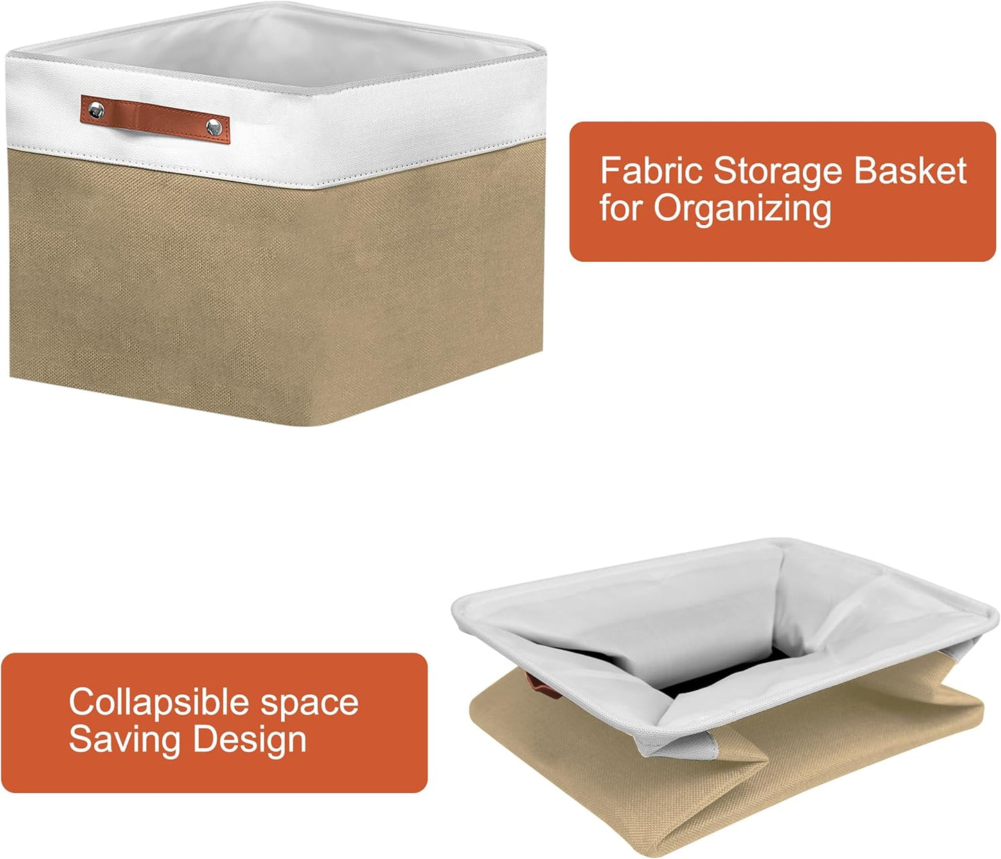 11in Open Fabric Storage Basket with Leather Handles for Organizing, Collapsible Linen Closet Bins for Shelves, Closets, Laundry, Decorative Basket for Gifts. (White&Khaki, 3PCS/11x11in)