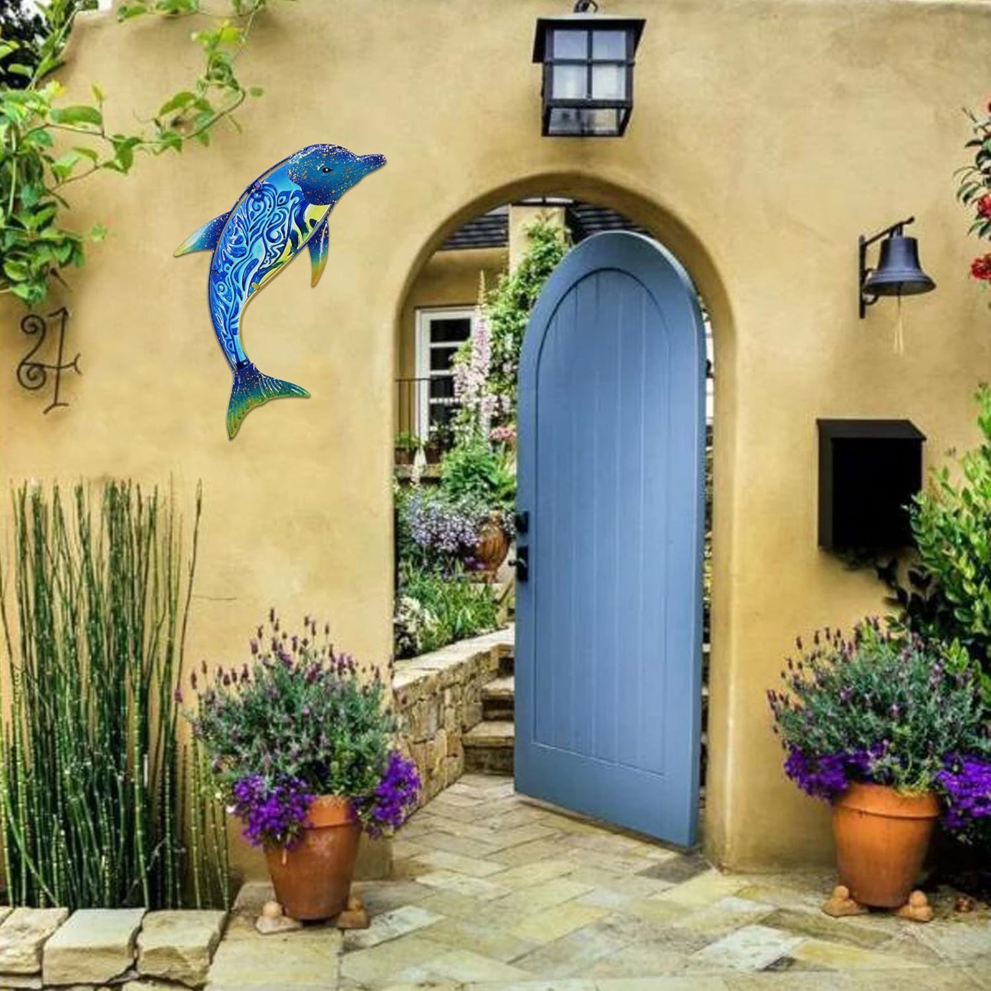 John's Studio Dolphin Wall Decor Outdoor Metal FIsh Sea Hanging Art Glass Sculptures Home Ocean Theme Decorations for Living Room, Bedroom, Yard, Fence and Patio - 17.5 Inches