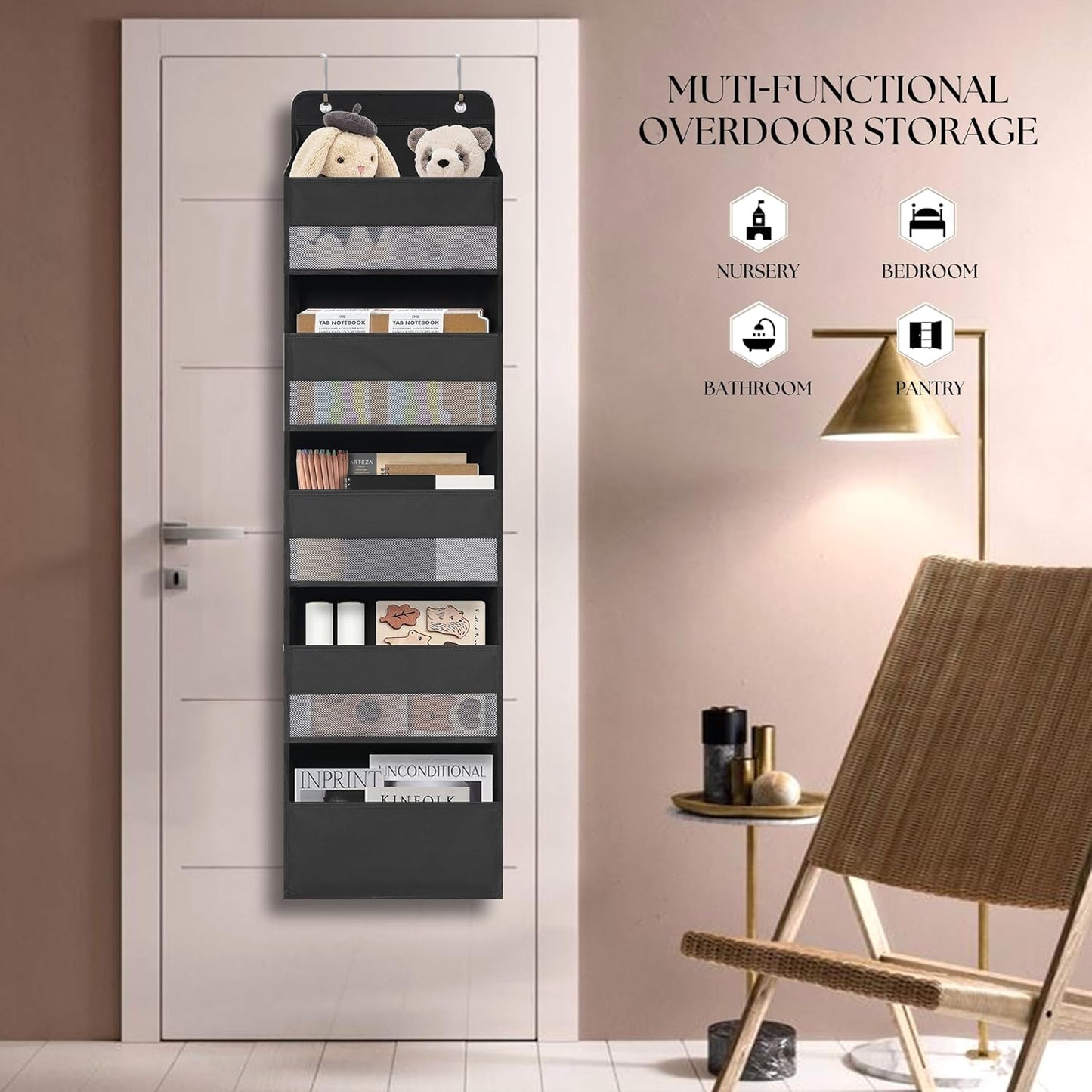 Over Door Organizer with 5 Large Pockets, Heavy Duty Hanging Organizer Storage, Closet Bathroom Nursery Bedroom Dorm, Toys Cosmetics Sundries and Baby Essentials, Black