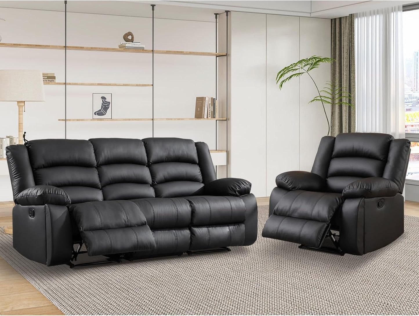 EBELLO Faux Leather Manual Recliner Sofa Set, 3 Seat Reclining Sofa, Couch Furniture Set for Living Room, Black