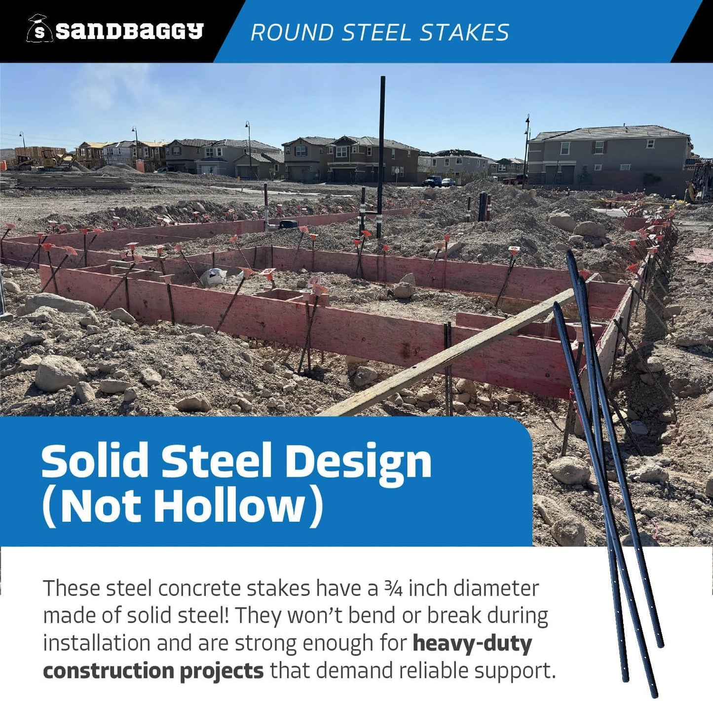 Sandbaggy Round Steel Concrete Form Stakes with Nail Holes - Rust Resistant Coating - Removable, Reusable (1000, 3/4 in X 36 in)