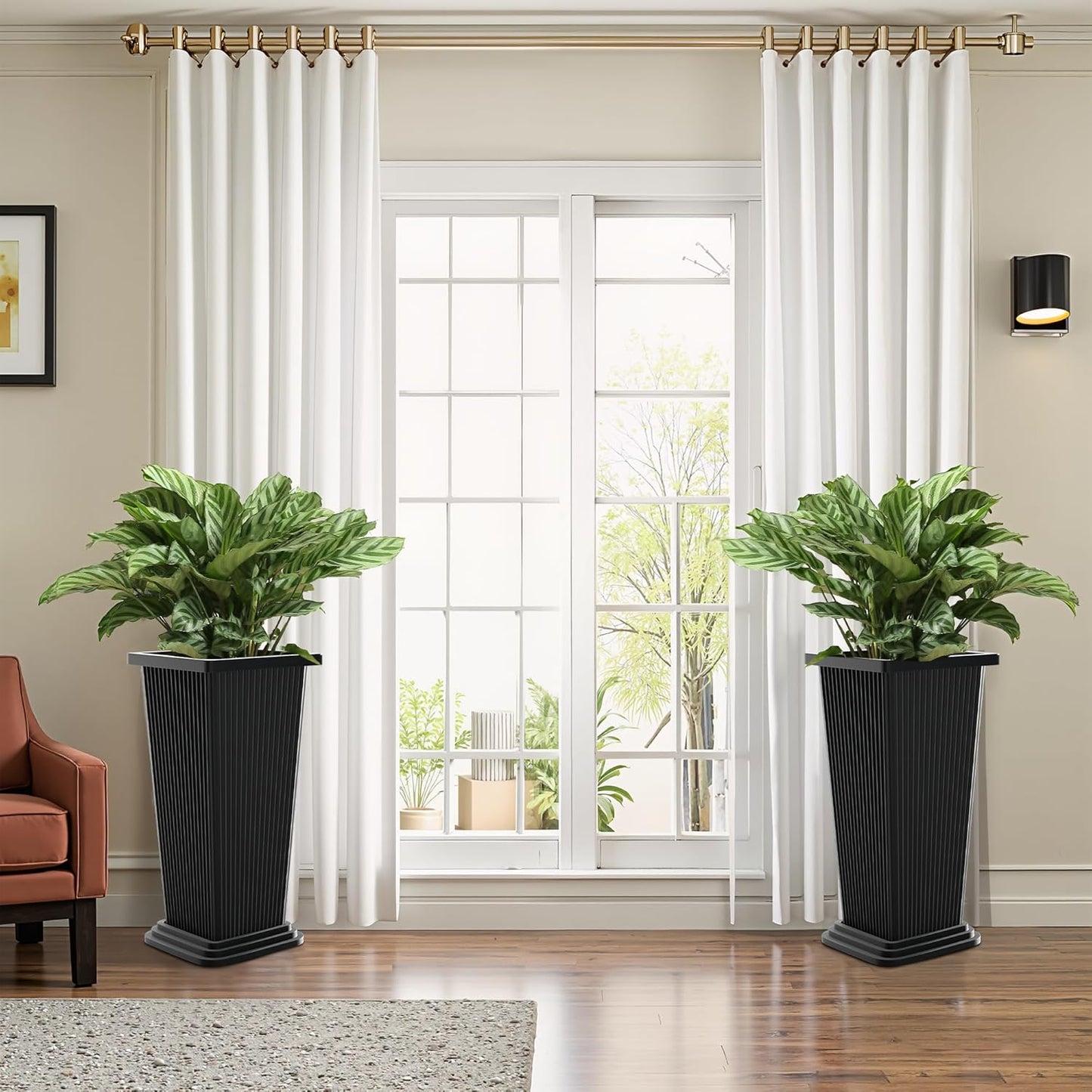 FENCY Set of 2 Tall Planters for Outdoor Plants, 24 Inch Large Tapered Pots with Drainage Trays, Weather-Resistant Plastic Plant Containers for Patio, Porch, Garden, Front Door Decor,Black,Striped