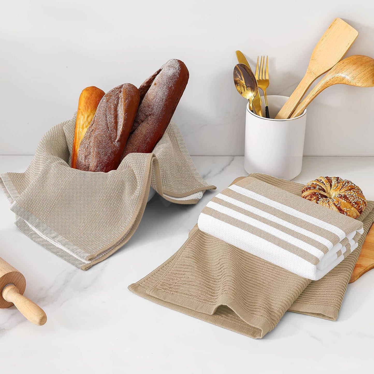 Homaxy Premium Kitchen Towels(18”x 28”, 6 Pack), Large Cotton 380 GSM Kitchen Hand Towels, Soft and Absorbent Terry Dish Towels, Multipurpose Tea Towel Set with Hanging Loop, Khaki