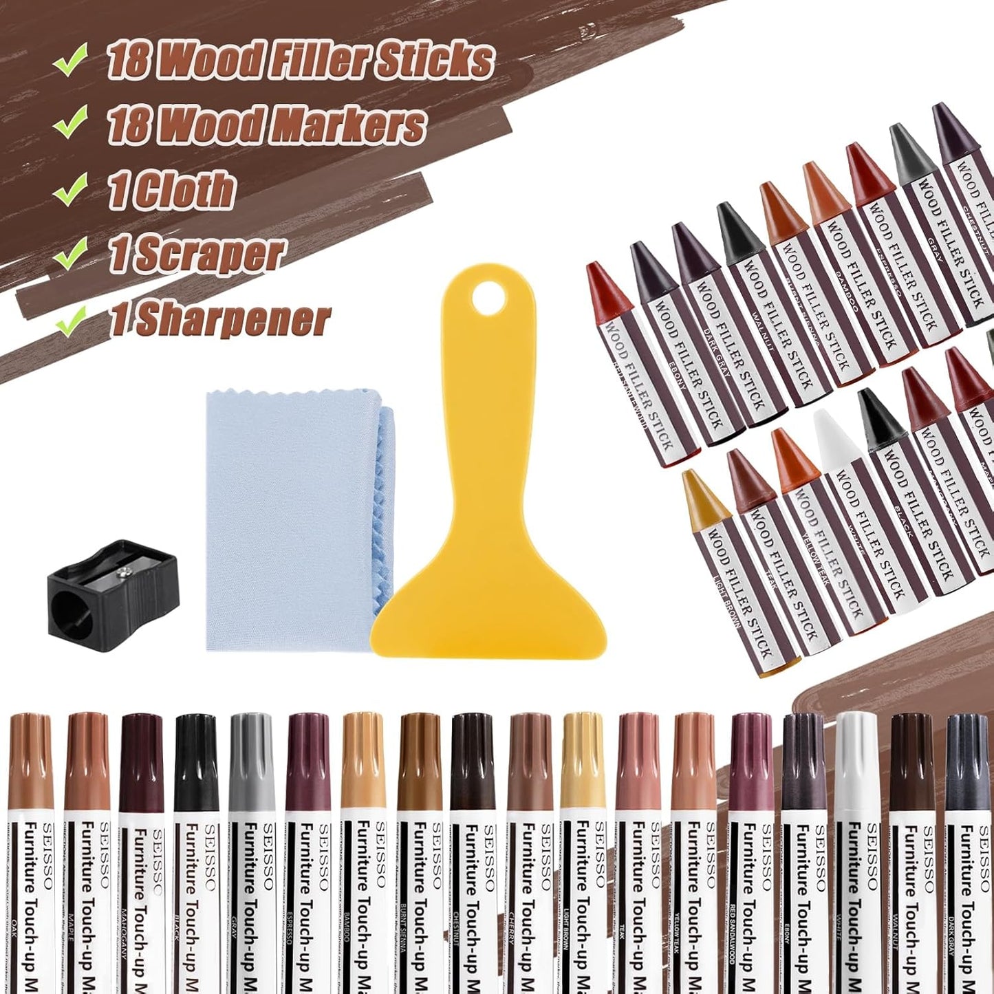 SEISSO 18 Colors Wood Wax Sticks & Wood Markers Furniture Repair Kit - Set of 39 - Wood Floor Scratch Repair, Furniture Markers Touch Up Restore Wood Floors, Tables, Holes, Laminate, Carpenters