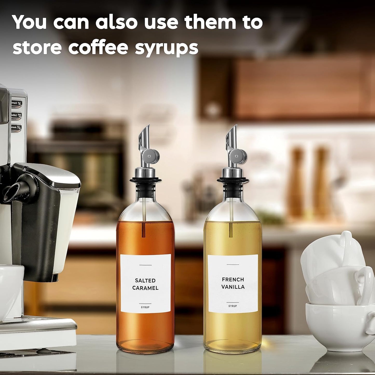 Olive Oil Dispenser Bottle - Includes 55 Kitchen Essential Labels - Cooking Oil Bottles for Kitchen, Coffee Syrup Dispenser - Pourer Spout with 16.9 fl oz Glass Container Cruet - 2pcs Silver