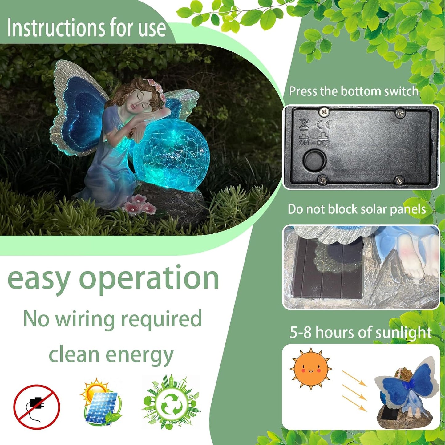 Fairy Garden Statue ,Solar Garden Decor ,Fairy Statue Outdoor with Glass Ball ,Waterproof Outdoor Decor,Suitable for Yard, Lawn ,Ideal for Holiday Giving(Blue)