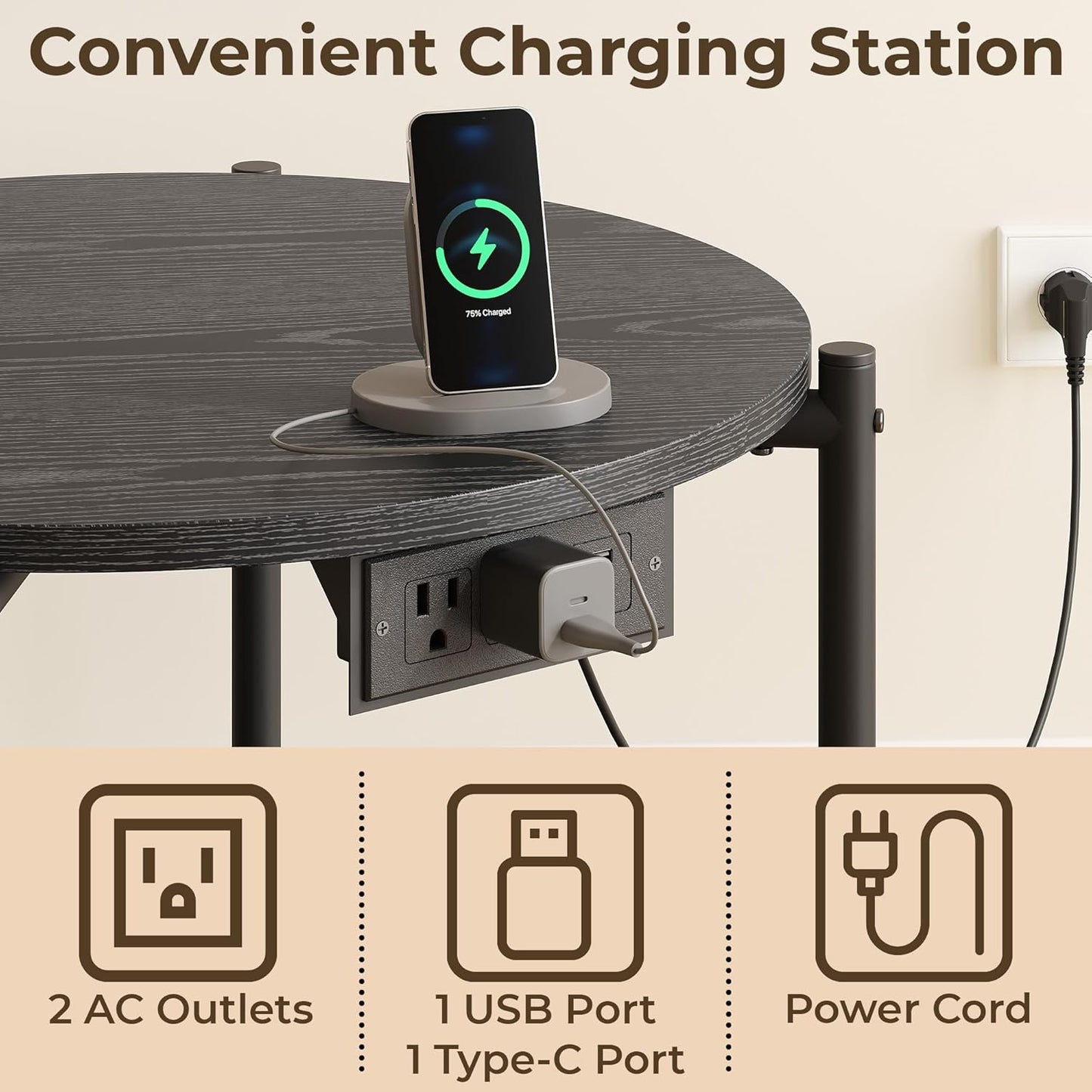 LIKIMIO Side Table, 23.6" W Round End Table with Charging Station, Modern Wooden Nightstand for Small Spaces, Living Room, Bedroom