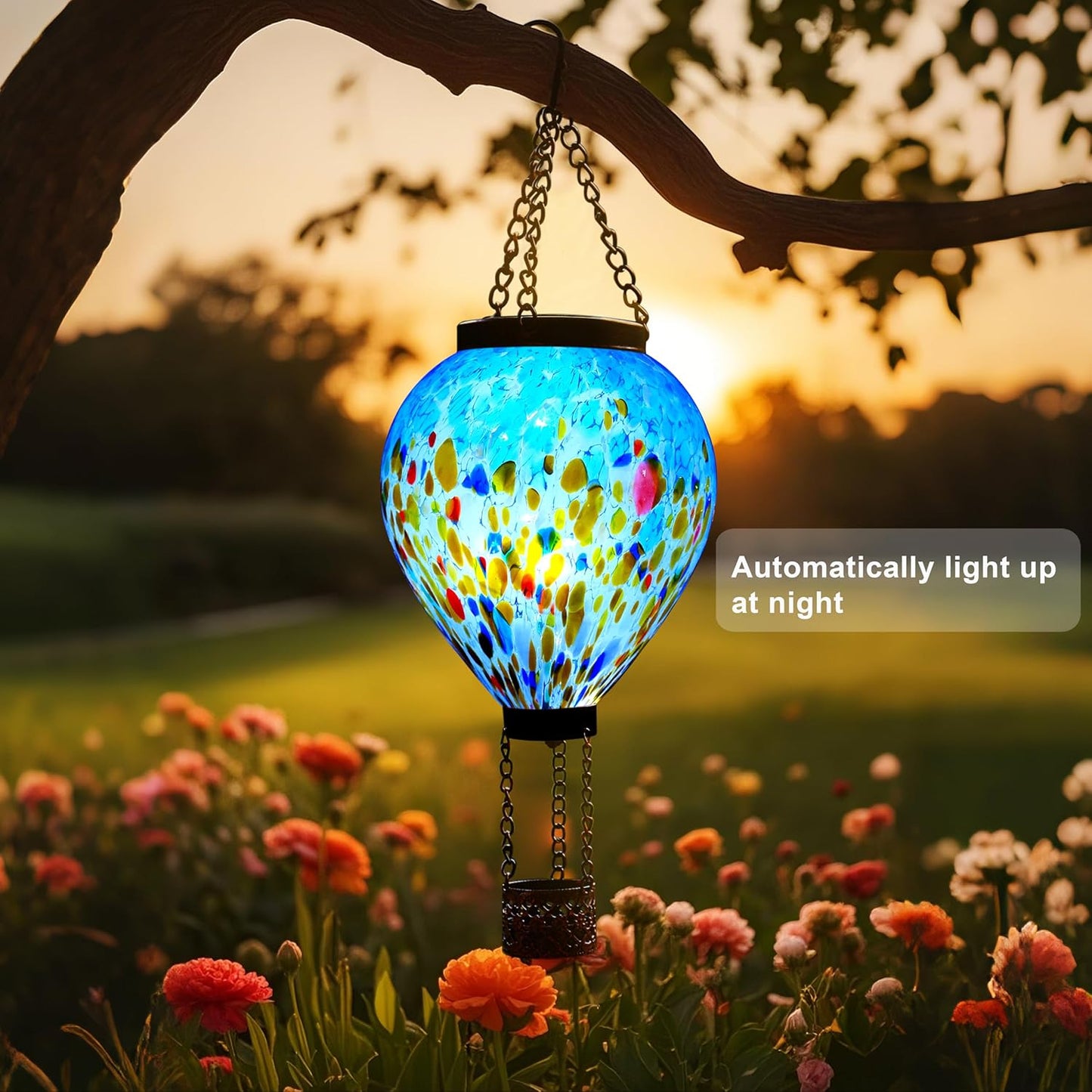 VOREEN Solar Hot Air Balloon Glass Lantern – Hand Blown Multicolor Glass Outdoor Hanging Light, IP44 Waterproof LED, Garden Patio Decoration Gift for Mom Wife Friend, Backyard Night Lighting Decor
