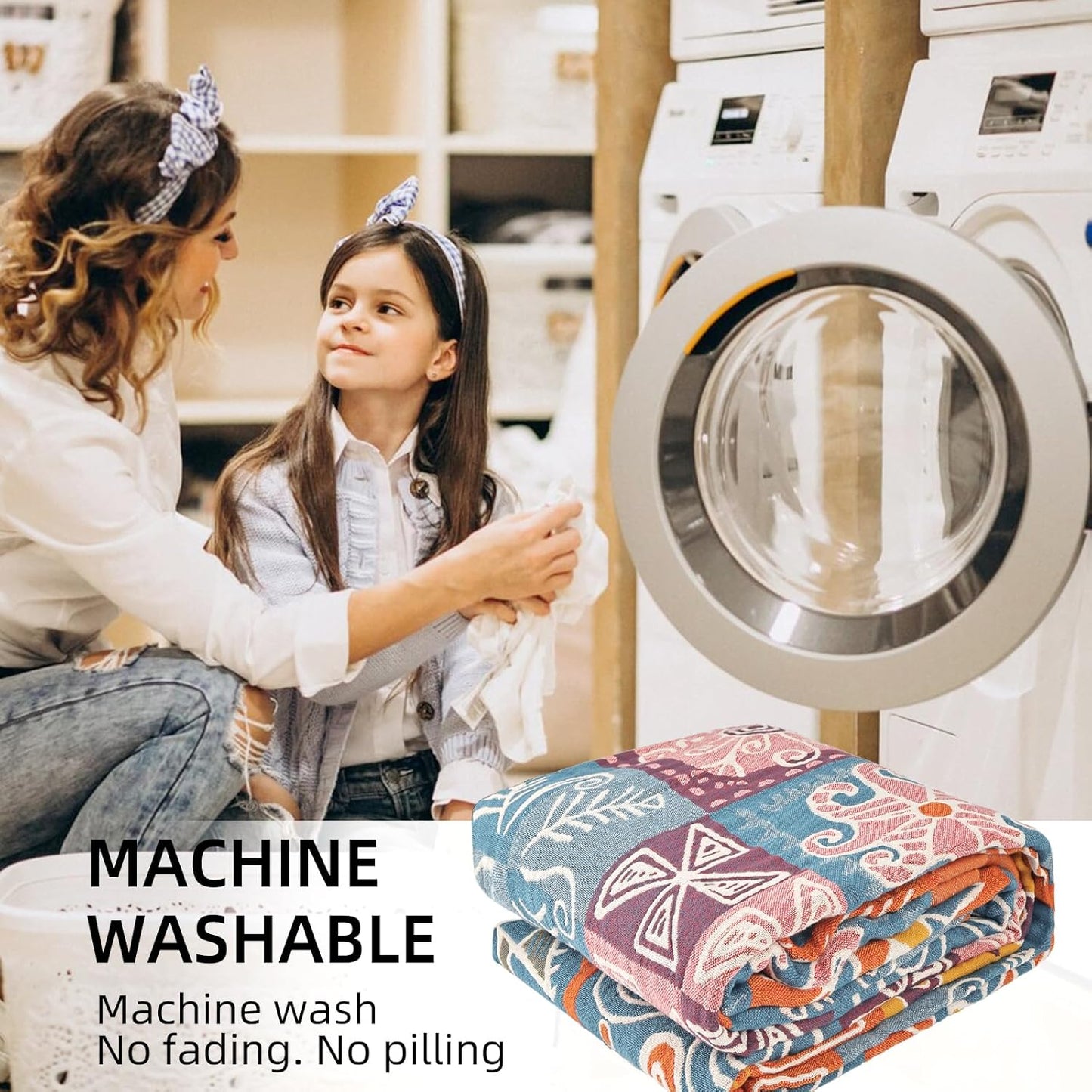 Boho Throw Blanket for Bed - 100% Pure Cotton Ultra Soft Rustic Quilt - Farmhouse Decor Bed Blankets, All Season Rustic Throw for Sofa Couch Chair(91''x 98'', Art Squares)