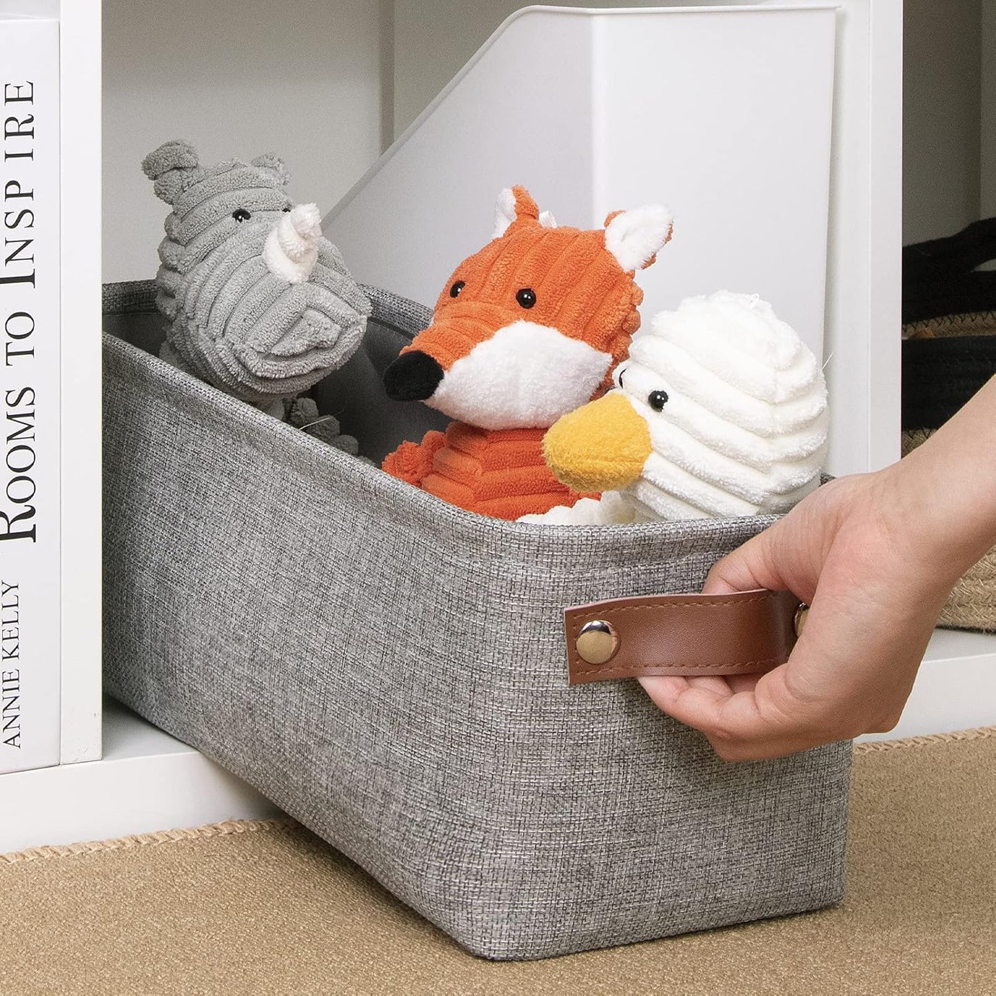 DULLEMELO Fabric Bathroom Storage Bin with Leather Handles, Narrow Organizer for Towels, Toilet Paper Rolls, Storage Basket for Back of Toilet, Vanities, Shelves & Cabinets (Gray)