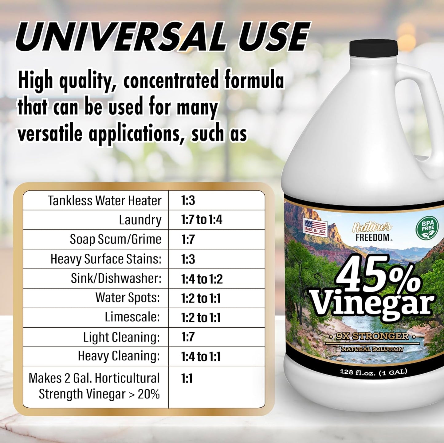 Nature's Freedom 45% Concentrated Vinegar with Funnel, 8 Gallons - Dilutes to 72 Gallons - 9x Strength Multi-Purpose Solution