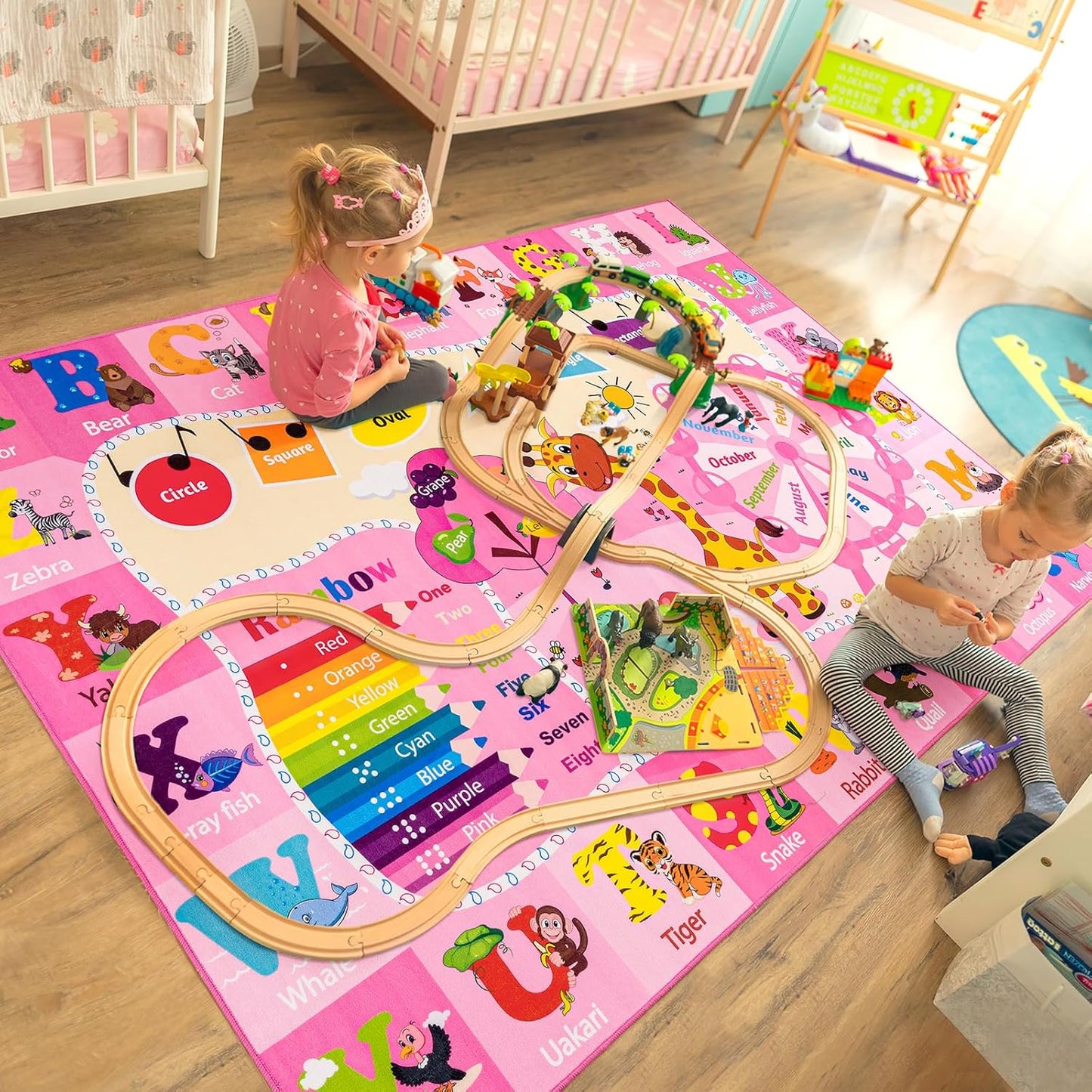 Kids Rugs for Playroom Bedroom Classroom Nursery, Non-Slip and Washable Rugs for Children Toddlers Girls, Educational and Fun Rug Carpets with ABC Alphabet Animals Shapes, 5x7, Pink