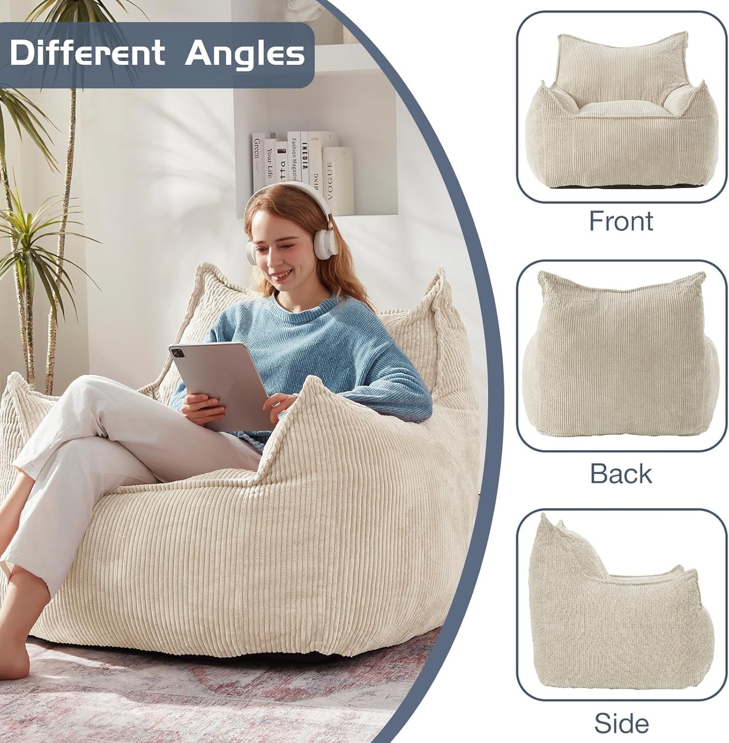 Giant Bean Bag Chair Sofa for Adults Teens, Comfy Corduroy Large Bean Bag Chairs with Armrests for Bedroom Living Room, Adult BeanBag Lazy Sofa Couch Chairs with Filler Included