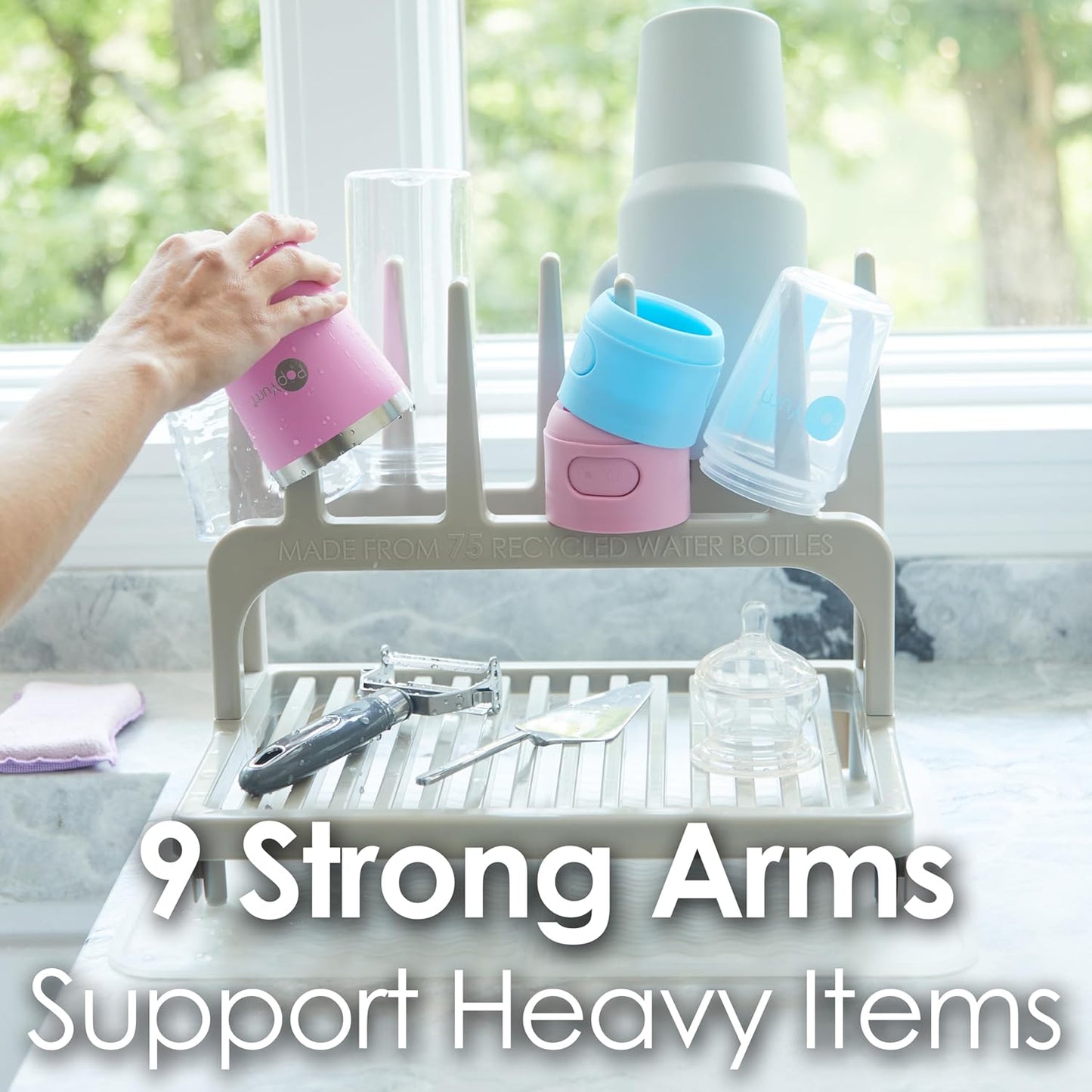 PopYum Glacier White Space Saving Drying Rack from 100% Recycled Bottles with Clear Frosted Silicone Drying Mat, countertop for Baby Bottles, Plastic Bags, Cups, Glass, tumblers, Compact