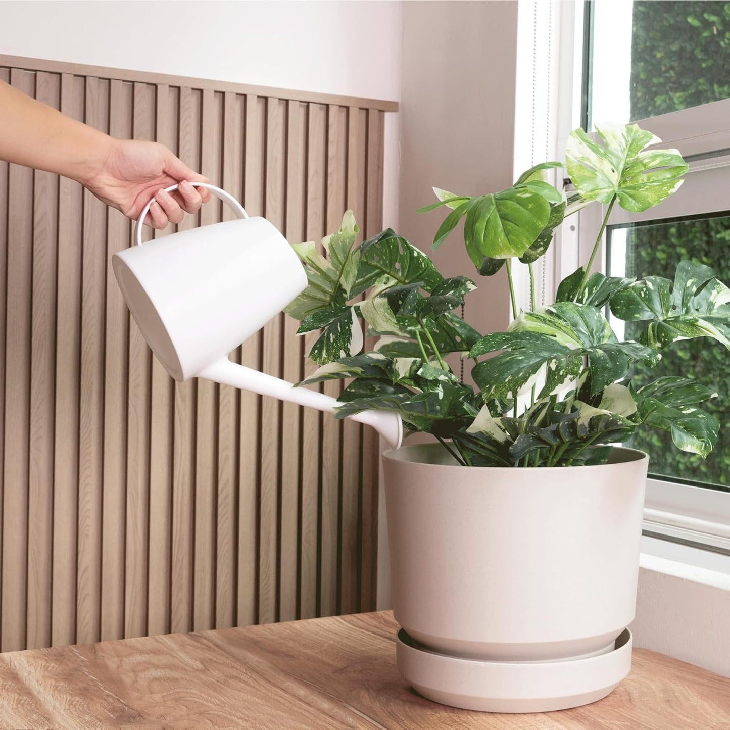 Elly Décor 12 inch Plastic Cylinder Planter Pot with Self-Watering Saucer and Drainage Hole,Lightweight & Extremely Durable, 12"x 12", Ivory