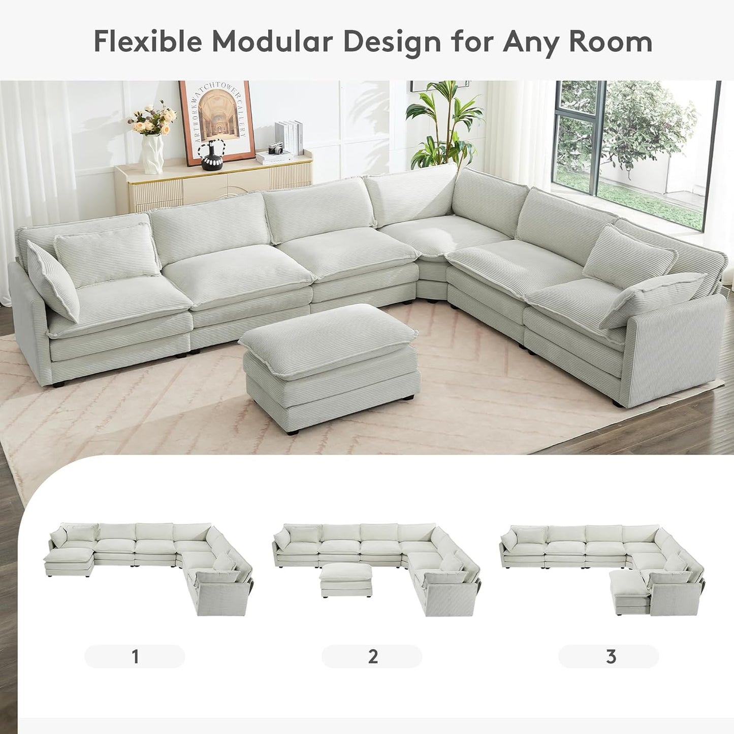 ROWHY 150'' Modular Sectional Sofa Cloud Couch, 7 Seater Big Comfy Corduroy L Shaped Couch with 4 Pillows, Chaise, Ottoman, Deep Seat Sectional Couches for Living Room Office, Light Grey