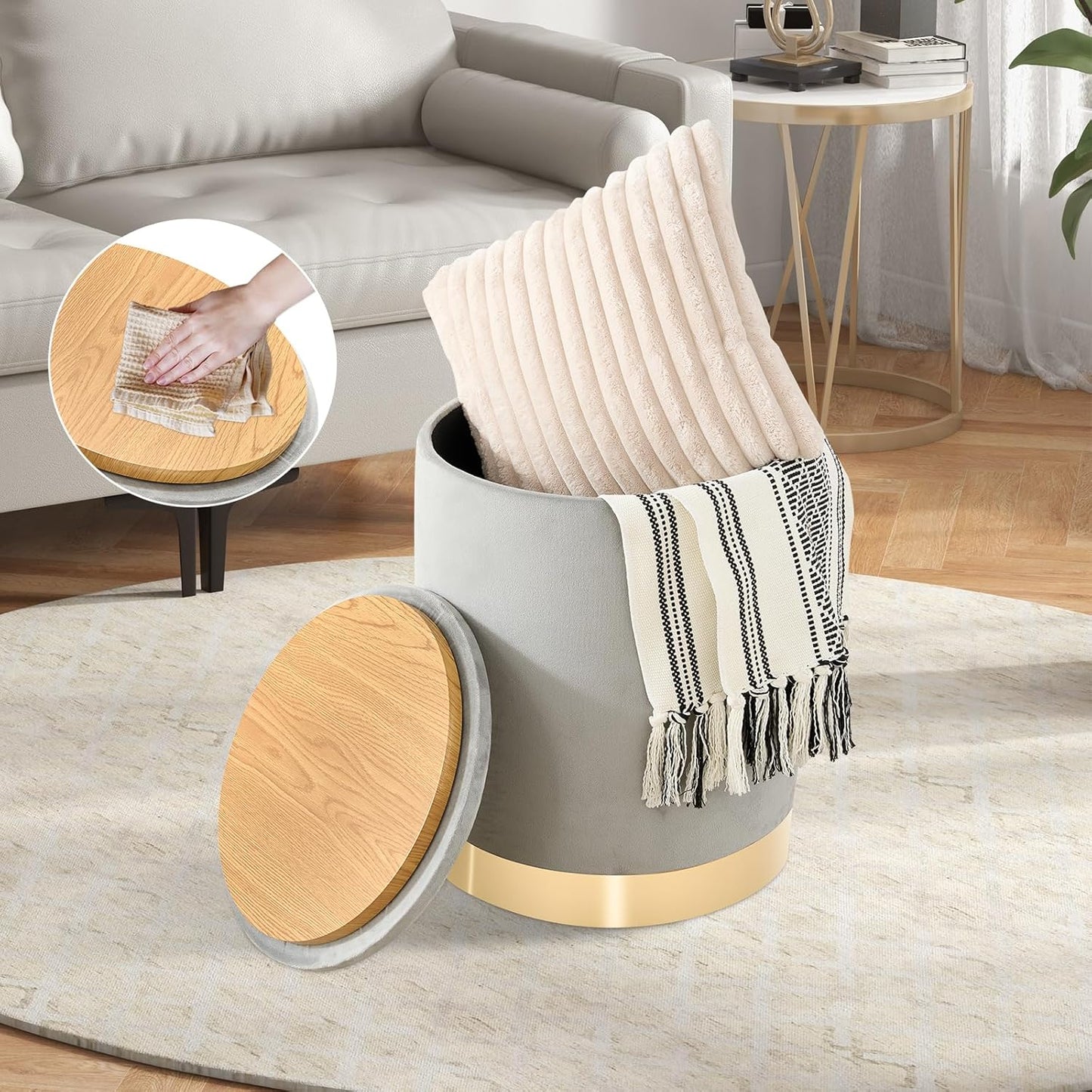 Round Ottoman with Storage Set of 2, Upholstered Velvet Storage Ottomans, Vanity Stool, Multifunctional Ottomans, Coffee Table Foot Rest Ottoman for Living Room Bedroom, Light Grey