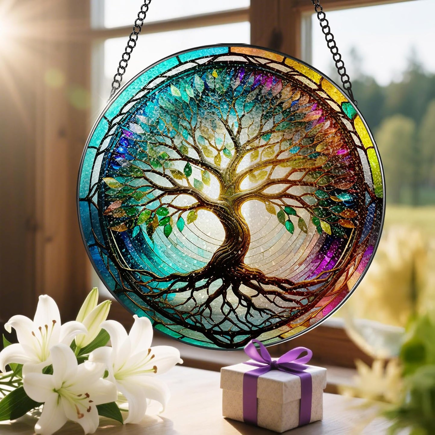 Stained Glass Window Hanging, LAOWEIKI 8'' Tree of Life Suncatcher, Stained Glass Ornament, Suncatchers for Windows Hanging, Window Decor, Outdoor or Indoor, Gifts for Mom, Grandma, Wife, Family