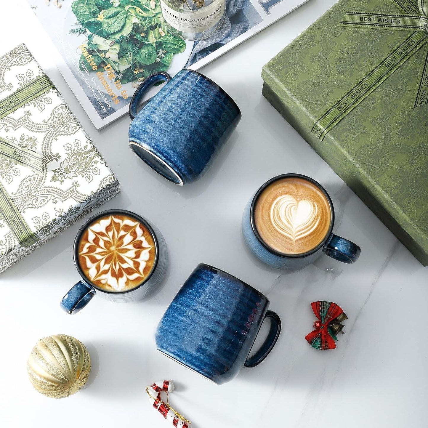 Hasense Small Coffee Mugs 8 oz, Ceramic Cappuccino Cups Set of 4, Espresso Mug with Handle for Latte, Tea, Milk and Mocha, Mini Cups for Gift, Dishwasher & Microwave Safe, Blue