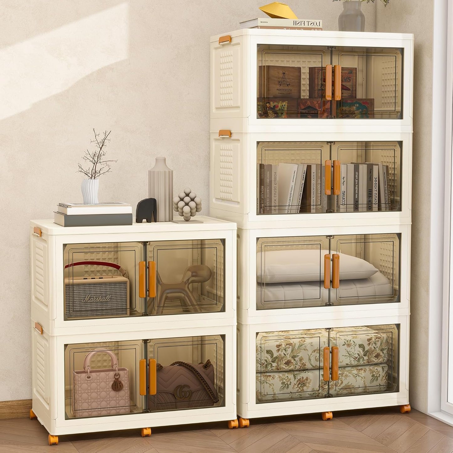 Plastic Stackable Storage Bins with Lids and Wheels, Closet Organizers and Storage Containers for Bathroom, Collapsible Clear Drawer Storage Cabinet with Doors 38Gal 2Tiers