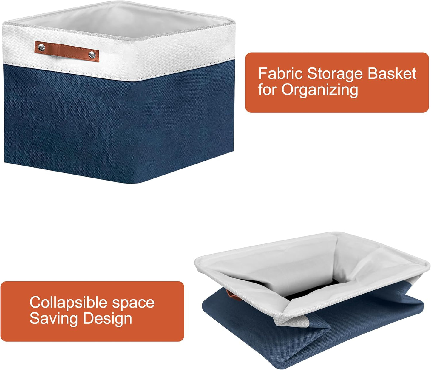 13in Open Fabric Storage Basket with Leather Handles for Organizing, Collapsible Linen Closet Bins for Shelves, Closets, Laundry, Decorative Basket for Gifts. (White&Blue, 2PCS/13x13in)