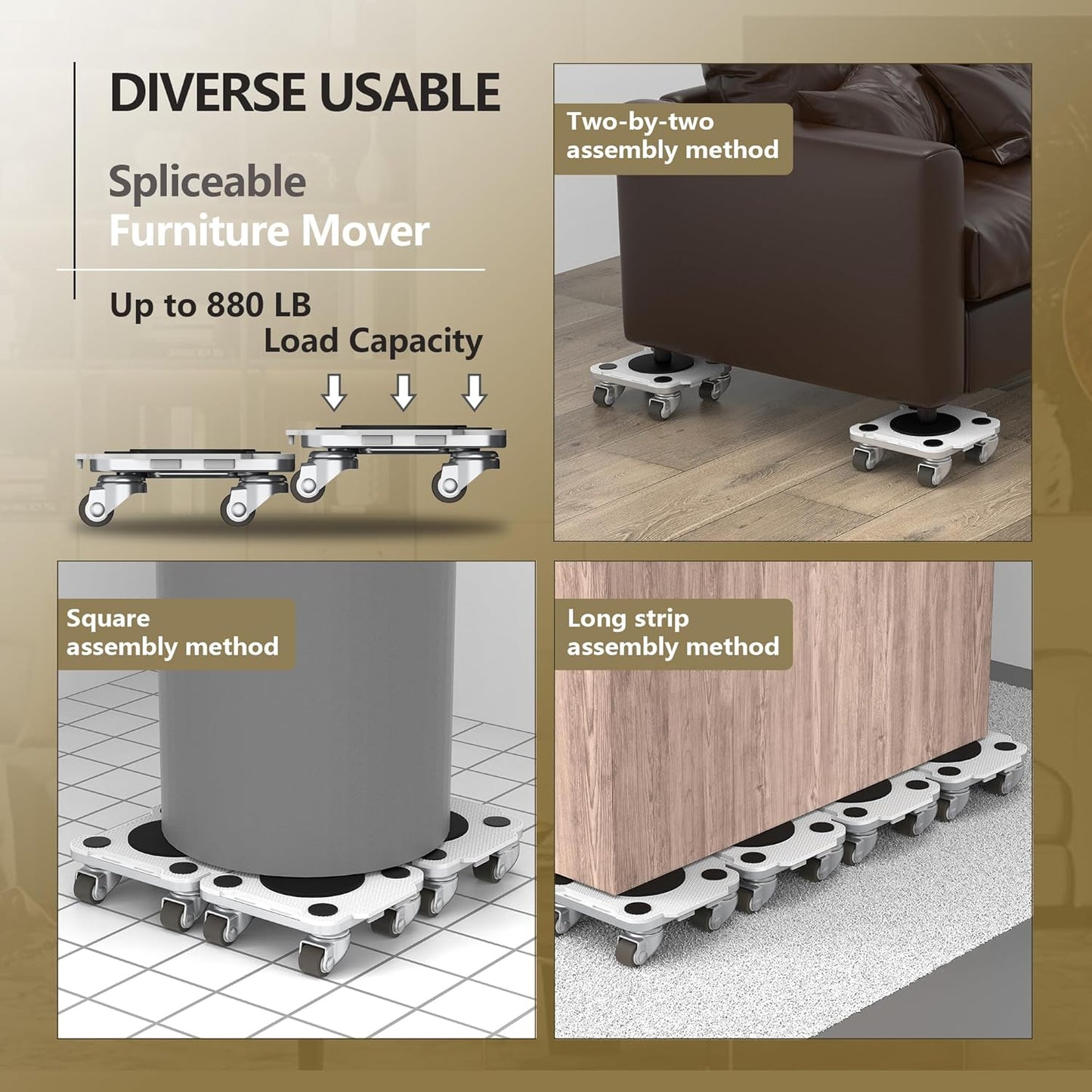 ONEON Furniture Mover Pro - 4Pack Enhanced Dollies with Custom TPE Wheels - Effortless Heavy Furniture Transport (Light Gray: 4 Dollies Only)