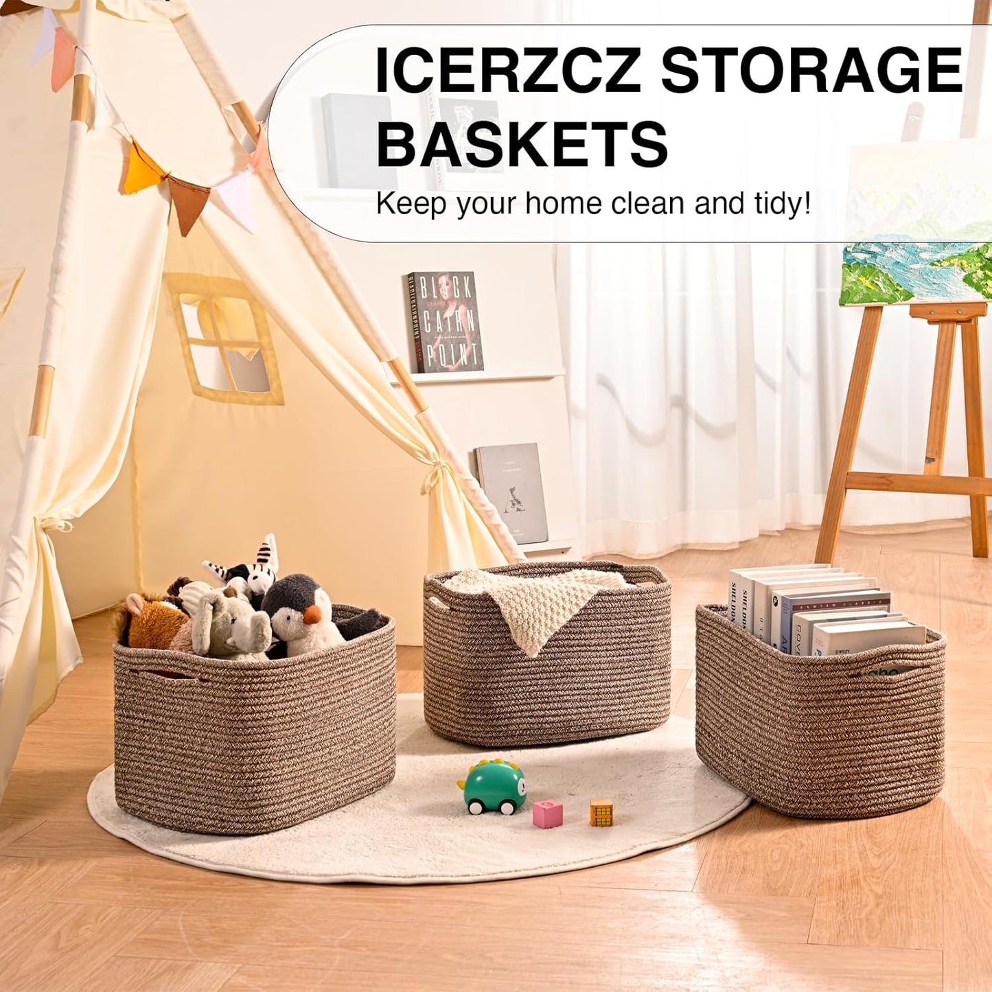 Storage Baskets for Organizing Shelves, Woven Cotton Rope Bins for Baby Nursery Organization, Book Toy Towel Organizer, 15"x11"x9.5", 3 Packs, Dark Brown