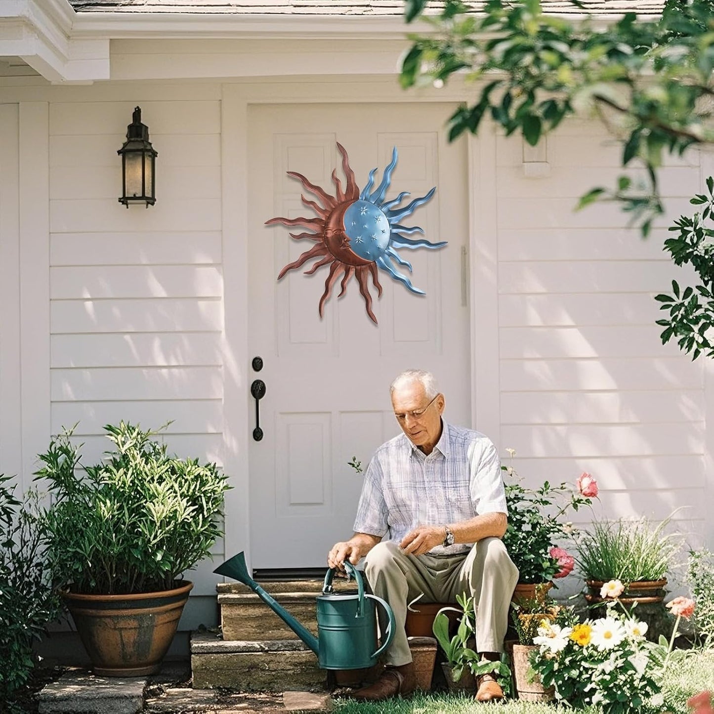 VZVXCC Metal Sun Outdoor Wall Art Decor-30 Inch Larger Size Sun Outdoor Wall Art Decor with Moon & Stars,Retro Decoration Hanging for Indoor Outdoor Garden Fence Living Room Bedroom