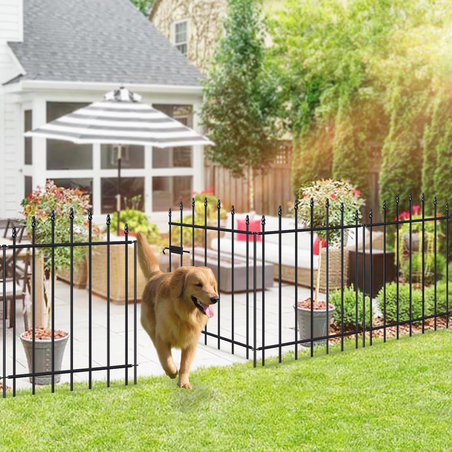 Metal Garden Fence with Gate 32 in H x 12 ft L, 1 Gate + 5 Panels Border Dog Fence Panels Animal Barrier, No Dig Garden Fencing for Yard Patio Flower Bed Lawn Outdoor, Arch Black