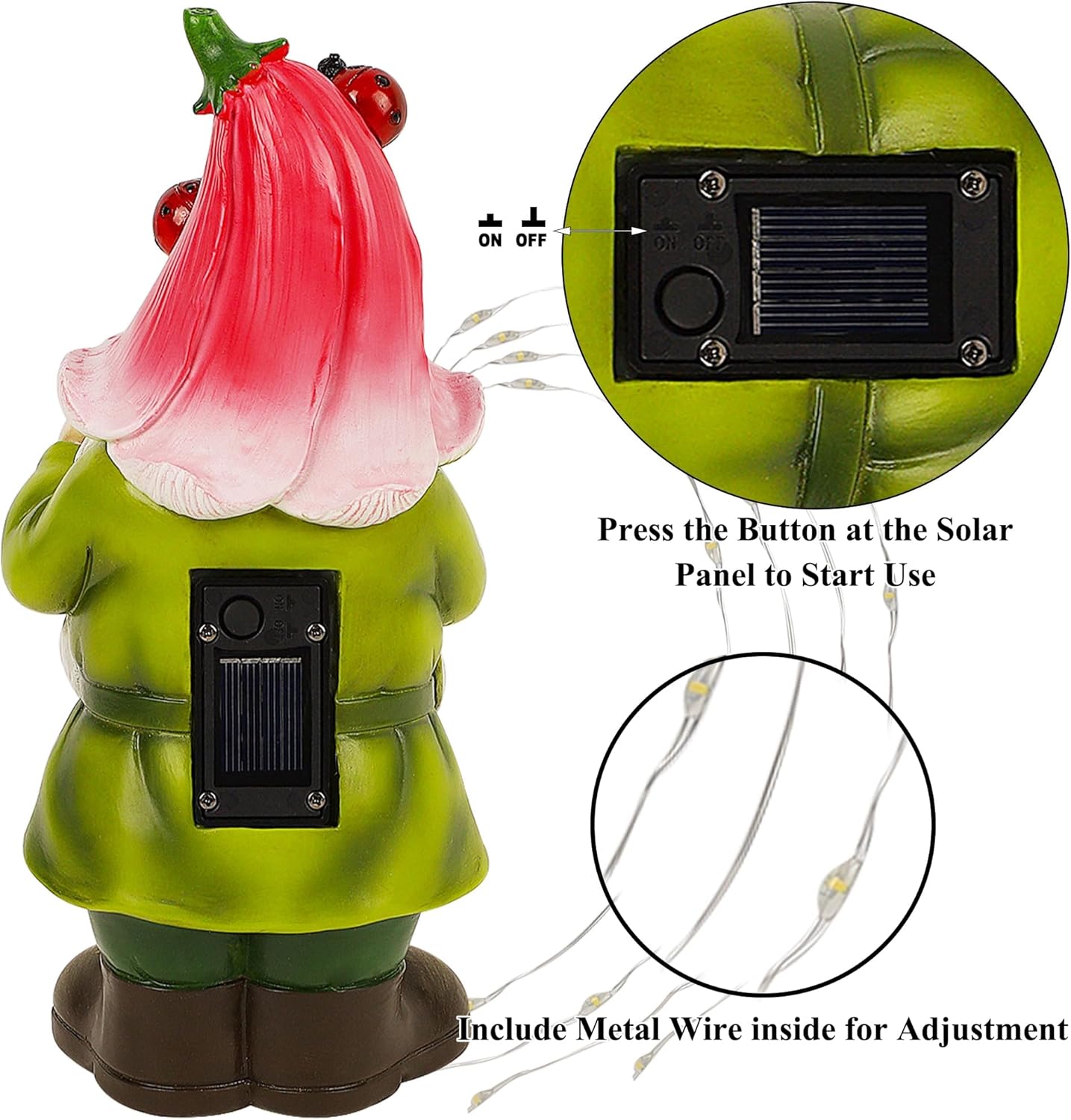 Joliyoou Solar Garden Statue Outdoor Decor, 10.2" H Resin Gnome with Watering Can & Solar Fairy Lights, Waterproof Standing Gnome Figurine for Lawn Yard Pathway Patio Front Door Decoration