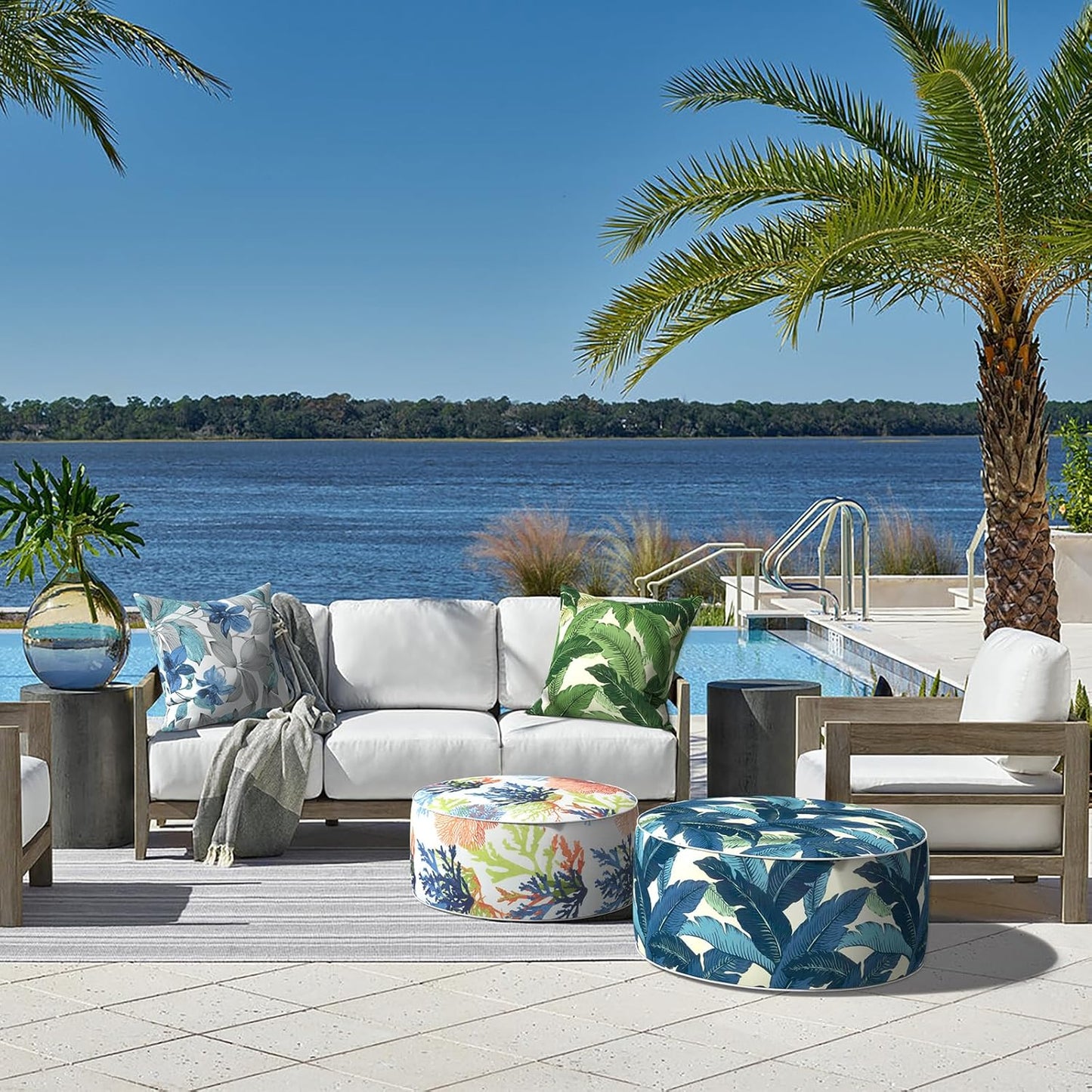 LVTXIII Indoor/Outdoor Inflatable Ottoman, D31 x H14 Inch Large Round Ottoman, All Weather Foot Rest Stool, Portable Footrest for Patio, Garden, Camping and Home - Swaying Palms Blue