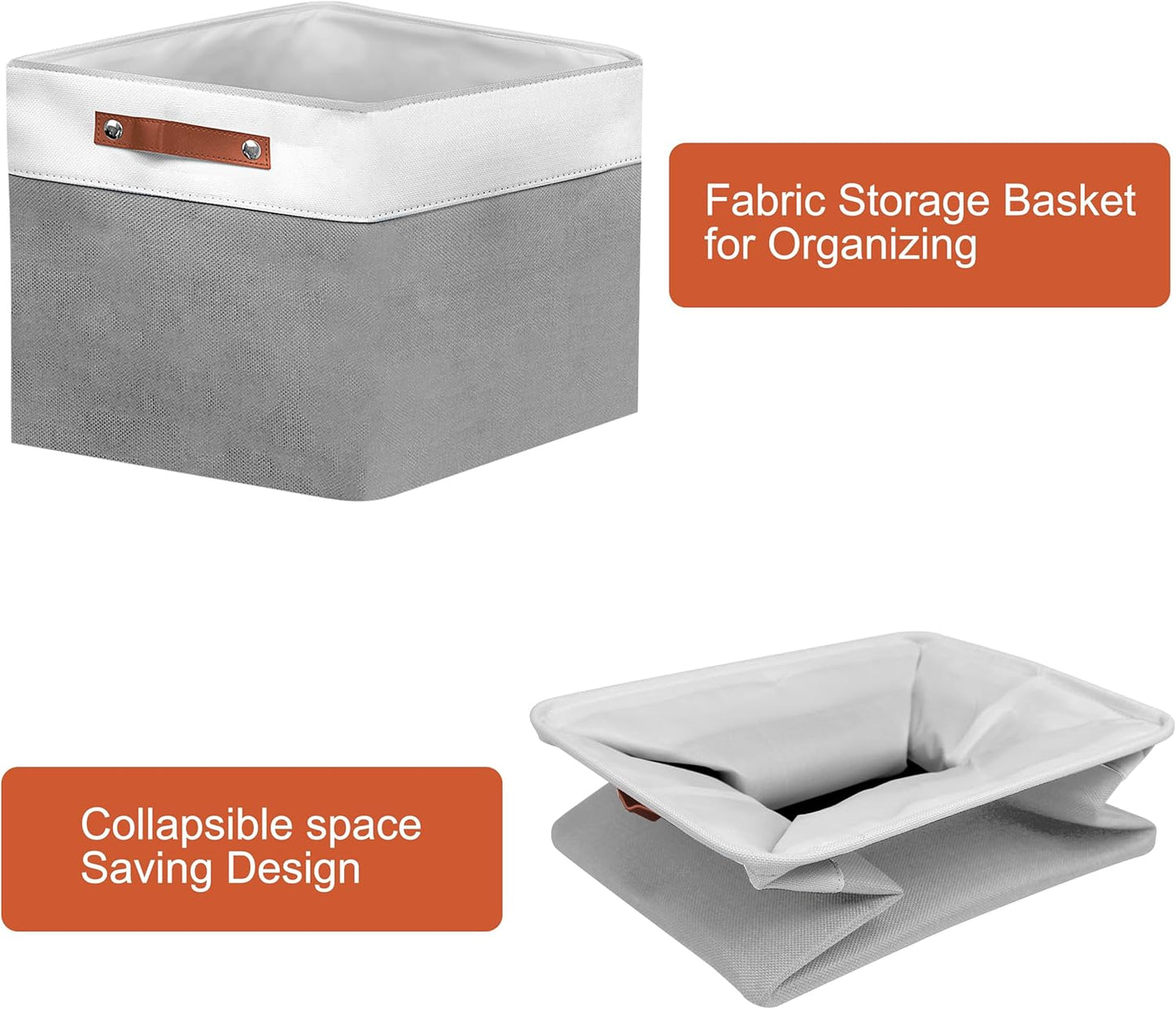 13in Open Fabric Storage Basket with Leather Handles for Organizing, Collapsible Linen Closet Bins for Shelves, Closets, Laundry, Decorative Basket for Gifts. (White&Gray, 3PCS/13x13in)
