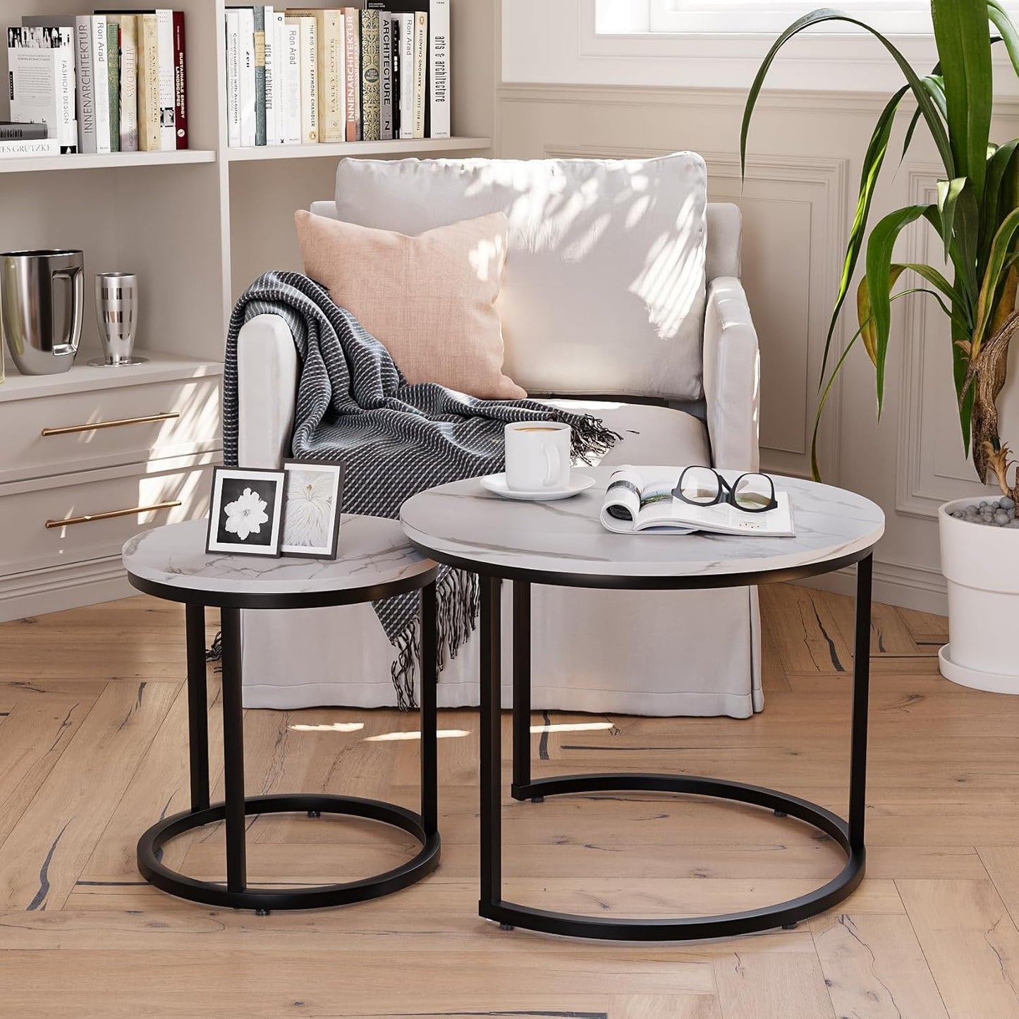Smuxee White Nesting Coffee Table Set of 2, 23.6" Round Coffee Table Wood Grain Top with Adjustable Non-Slip Feet, Industrial End Table Side Tables for Living Room Bedroom Balcony Yard