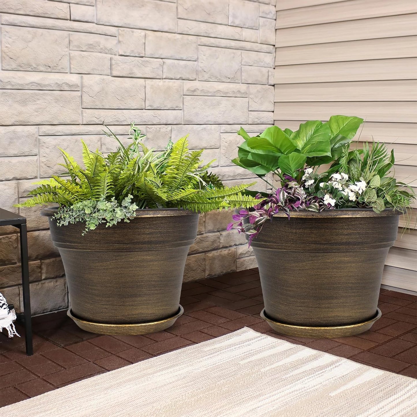 Plant Planters Pots Set of 4 Pack 10 Inch, Plastic Flower Pot for Indoor Plants with Drainage Holes & Trays, Resin Decorative Container Sets with Saucer for House Outdoor Garden Planters Dark Gold
