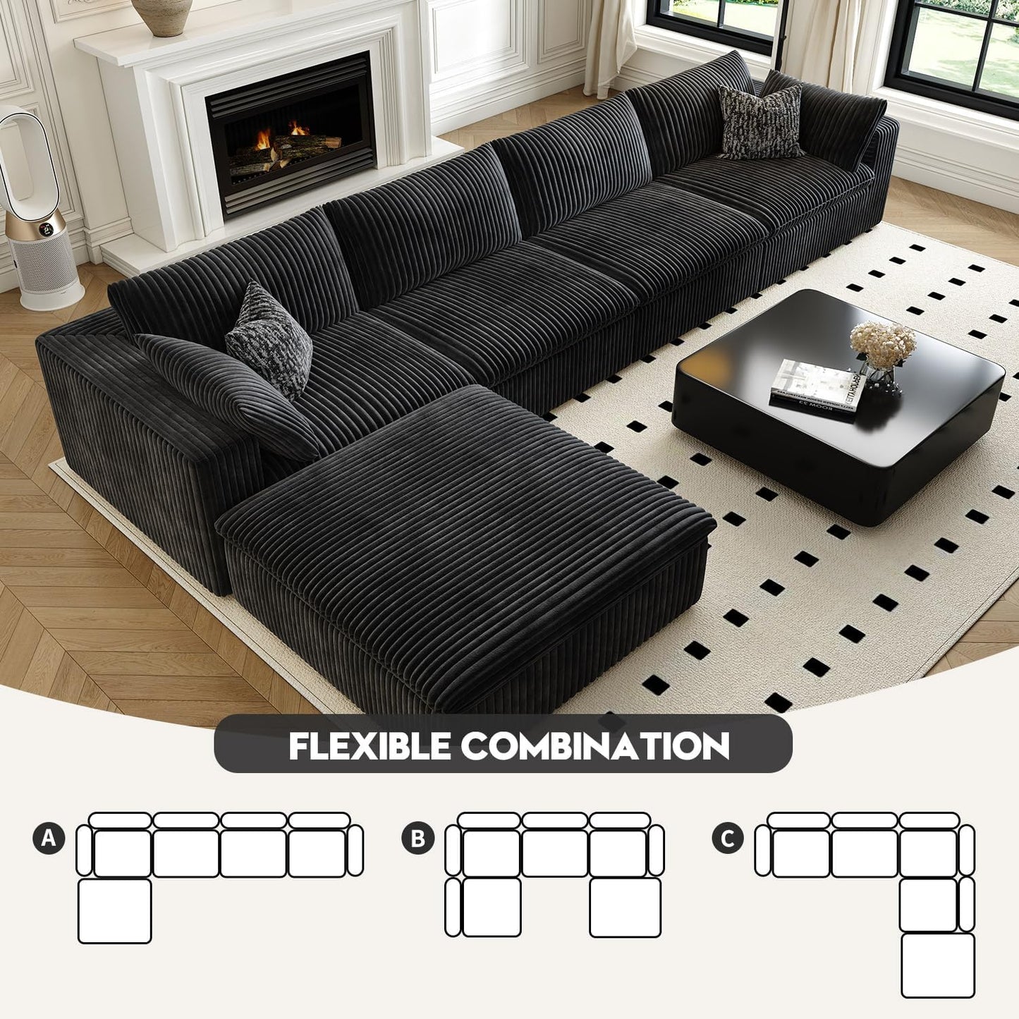 157.5" Cloud Couch Modular Sectional Sofa for Living Room,Modern Sofa with Deep Seat,L-Shape Boneless Couch with Ottoman,Comfy Upholstered Corduroy Couches for Apartment, Studio, Office,Bedroom,Black