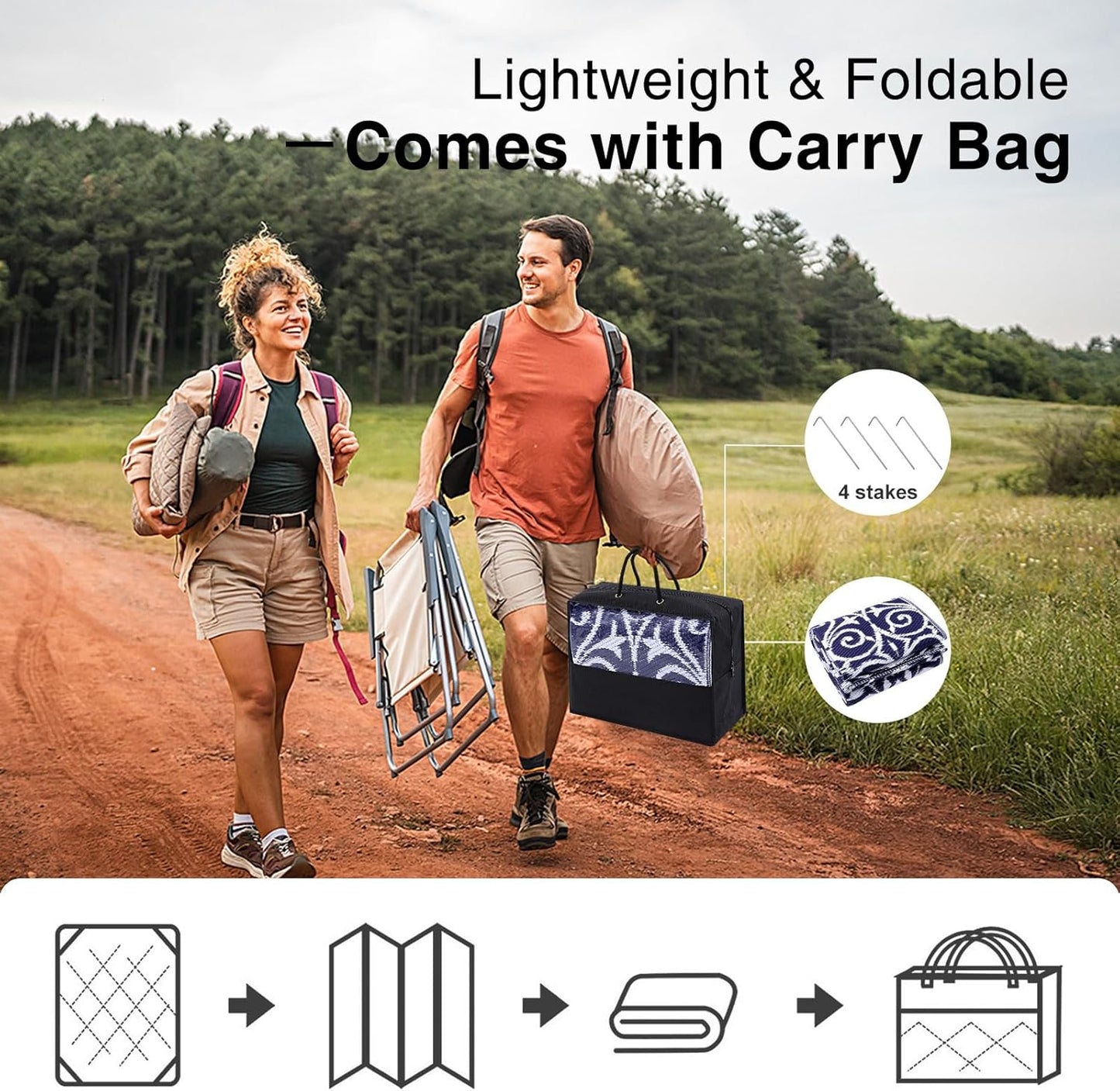 OLANLY Outdoor Rug Waterproof 8x10 ft Clearance, Reversible Outdoor Plastic Straw Rug with Floral Pattern, RV Mat for Patio, Camping, Balcony, Deck, Backyard, Navy & White