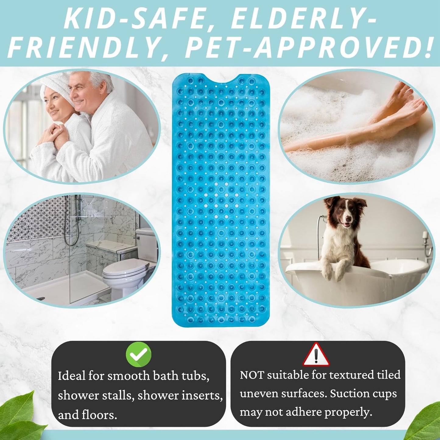 ENKOSI Bath Mat - Large Non Slip Bathtub & Shower Mat - Extra Long 40 x 16 Inch Bathroom Mats for Tub Nonslip Anti Slip Bathmats (40x16 Clear Blue 1-Pack)