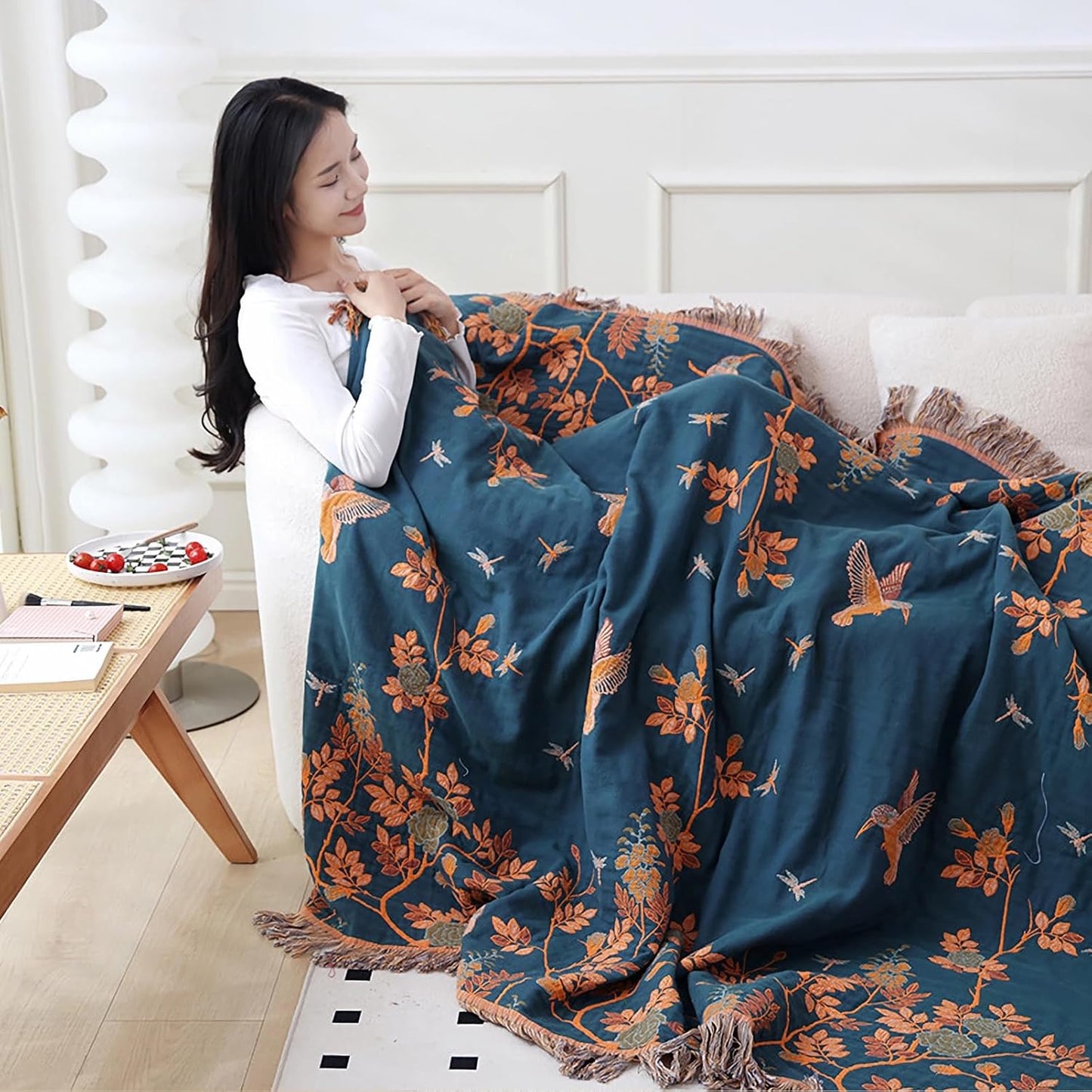 Snycler Boho Throw Blanket for Bed, 100% Organic Cotton Muslin Soft Throw-Floral Bird Farmhouse Rustic Spring Summer Fall Decor Blanket for Couch Sofa Quilt and Gift, 80" x 90" Orange