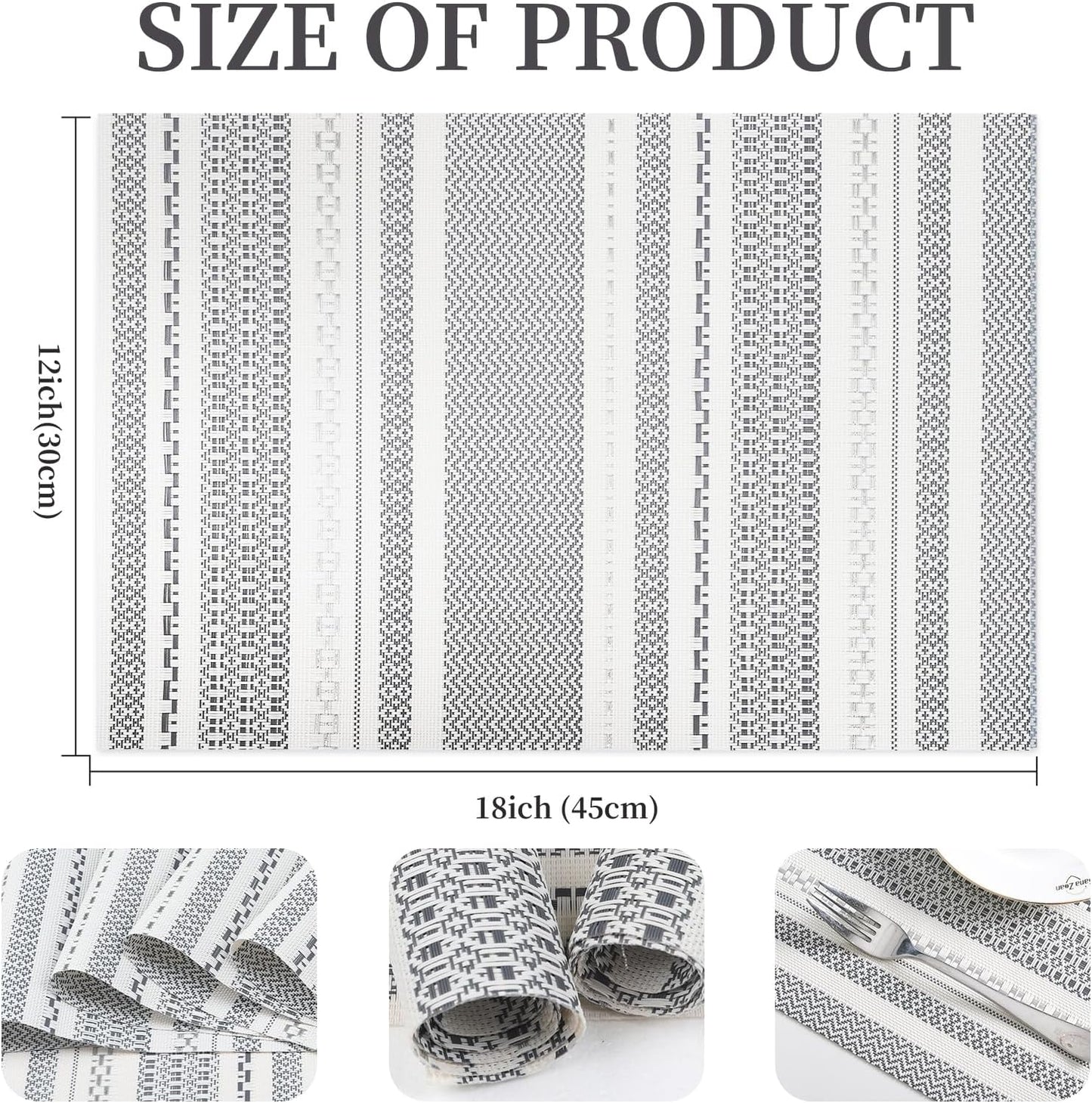 Vinyl Plastic Placemats Set of 6 Washable Heat Resistant Non-Slip Elegant Indoor Outdoor Kitchen Dining PVC Woven Table Place Mats (Dark Grey Striped Silver Wire)