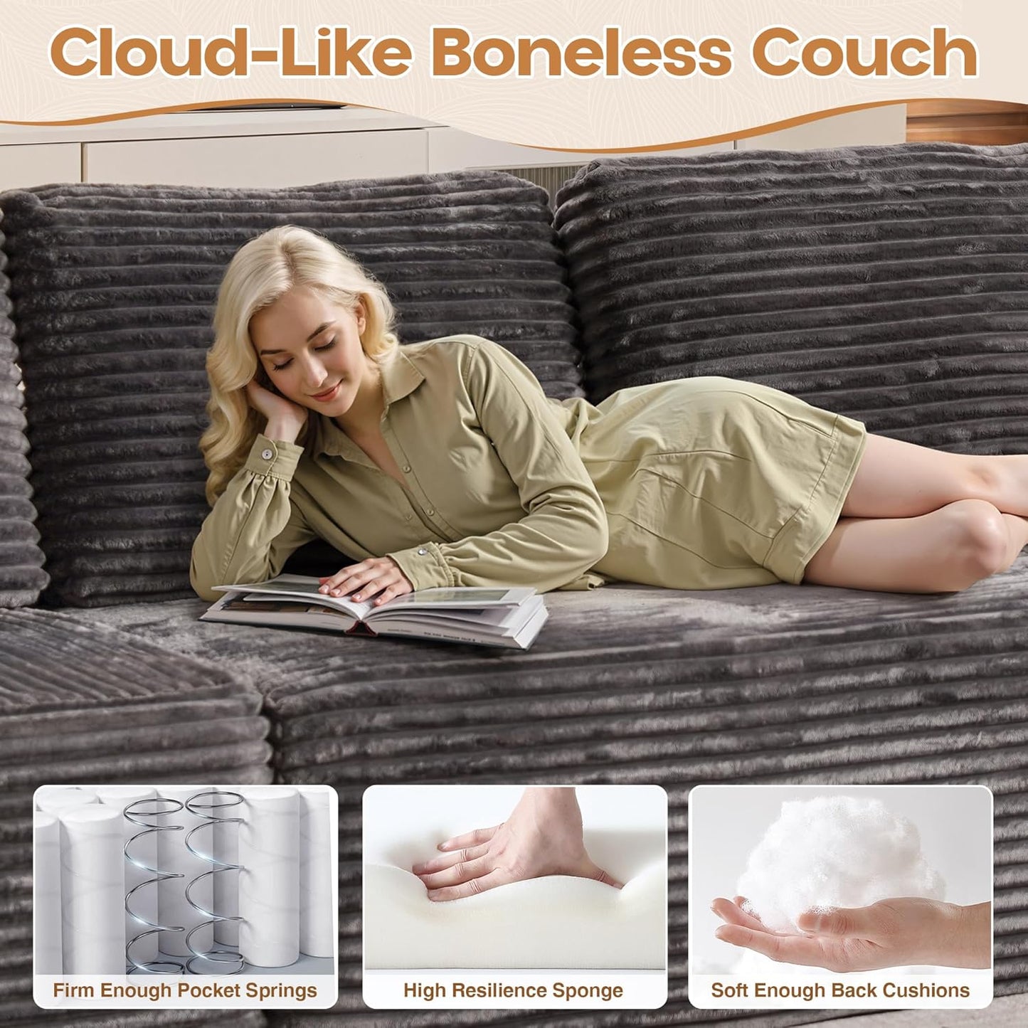 Cloud Sectional Couches for Living Room,U Shaped Modular Sofas No Assembly,135x79 Inches Plush Corduroy Oversized Floor Couch Set with Deep Seat Chaise,Grey