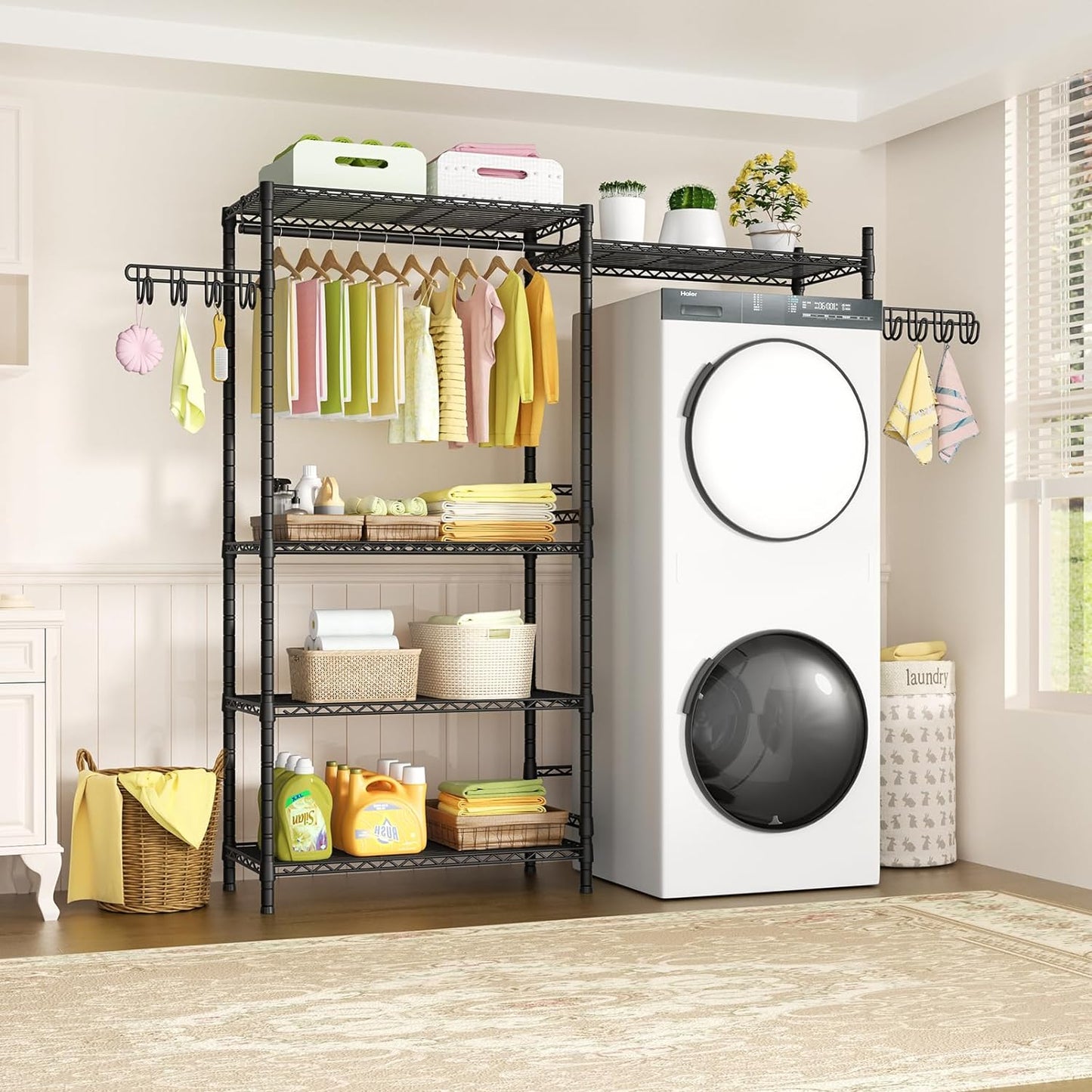 Ulif U5 Over the Washer and Dryer Storage Shelf, Laundry Room Space Saver Bathroom Storage and Organizer Rack for Hanging Towels and Drying Clothes with 5 Wire Shelves, 58.2"W x 13.4"D x 77.5"H, Black